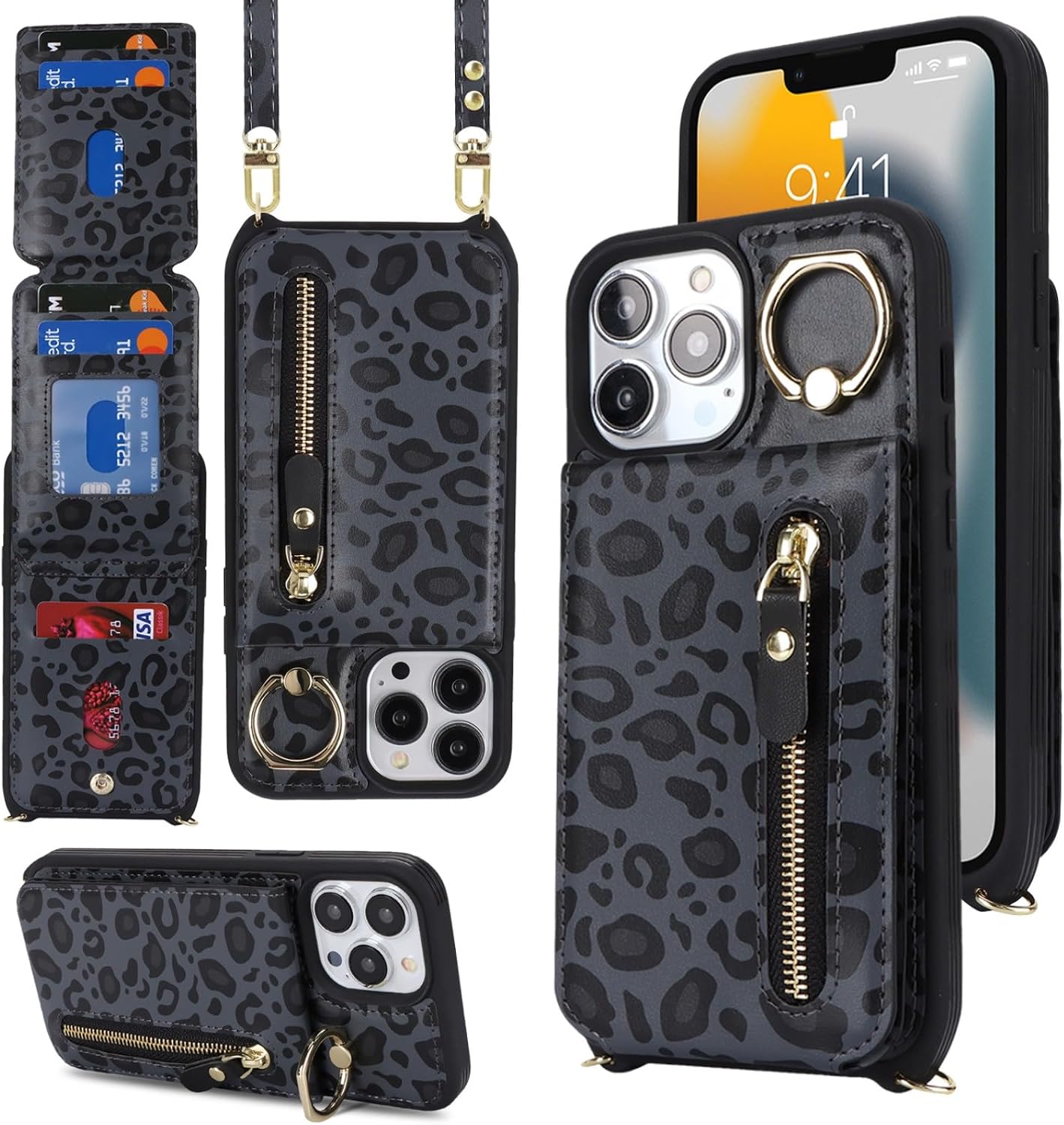 Zouzt iPhone 13 Pro Wallet Case with Card Holder, Strap and Ring – Black Leopard