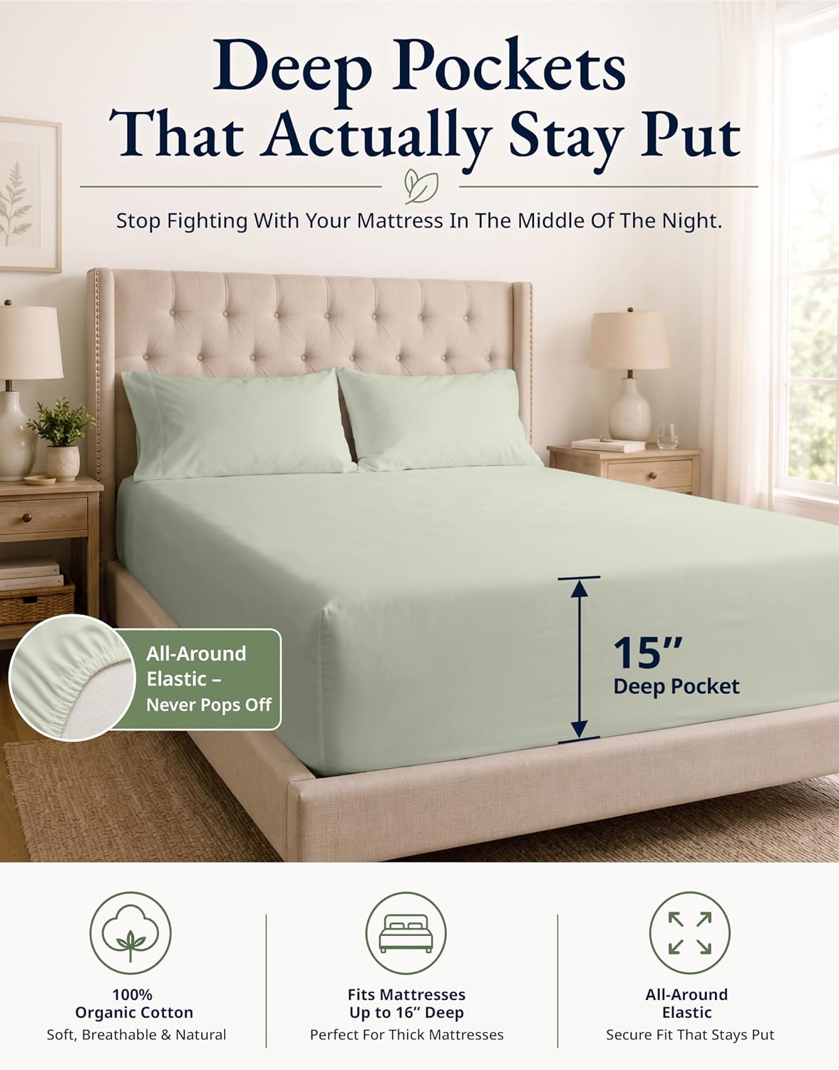 Detalle de LANE LINEN OGN160FS-QN-MIN Queen Fitted Sheet Set, Organic Cotton Percale, 15" Pocket