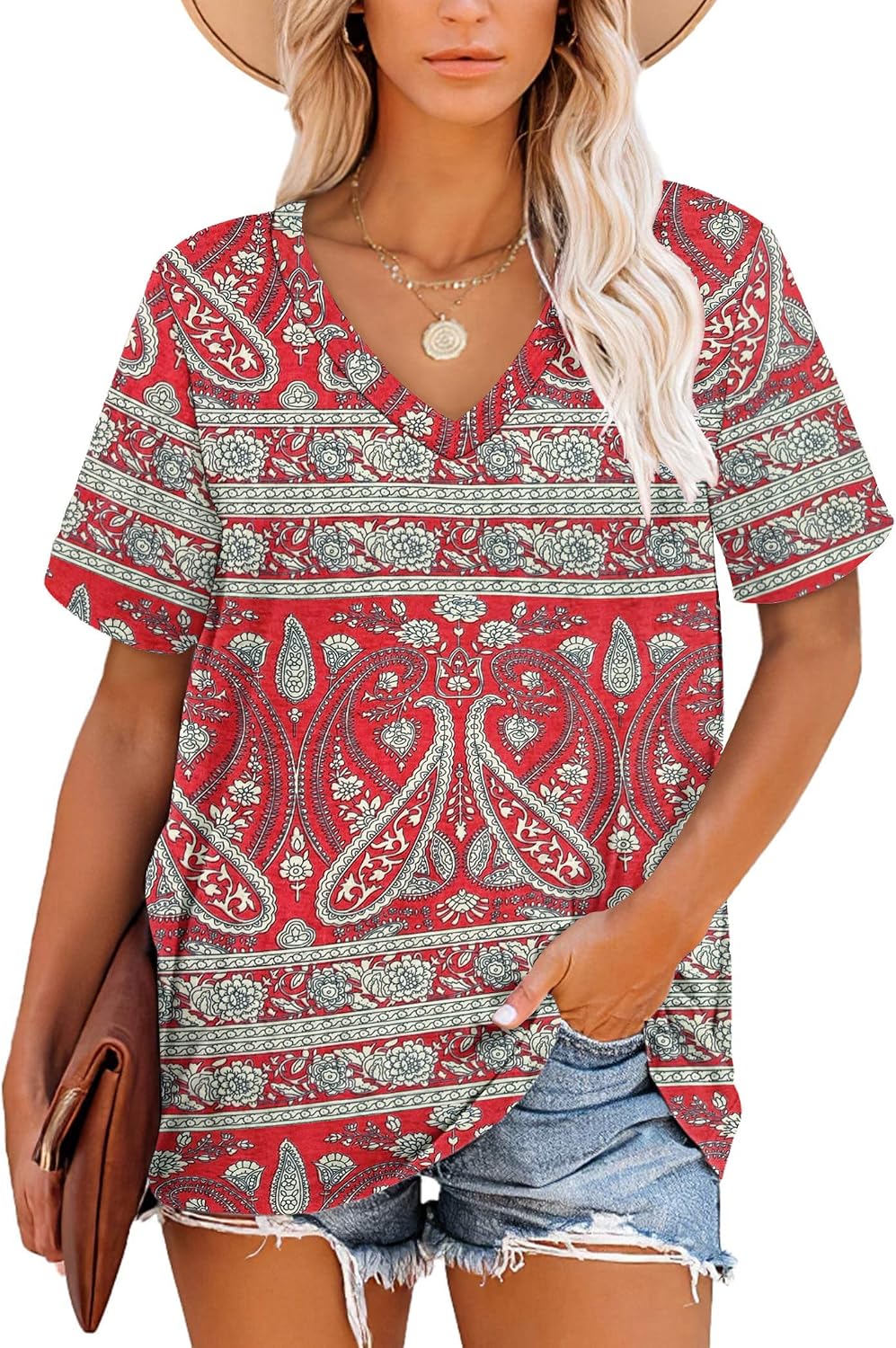 Detalle de MOLERANI Damen-T-Shirt Kurzarm V-Ausschnitt gestreift – Sommer-Top, Größe S–2XL