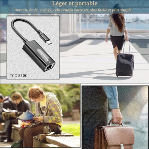 Detalle de Tccmebius TCC-S20C Adaptateur Ethernet USB‑C vers RJ45 — 100 Mbps, plug-and-play
