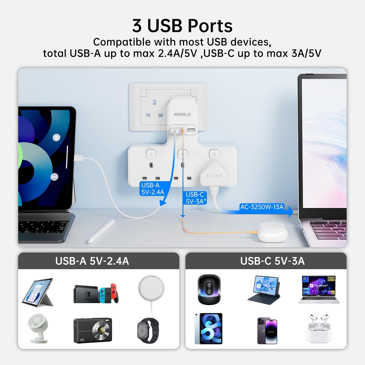 Thumbnail 3 de Multi Plug Adapter 3250W with 3 USB sockets 🔌