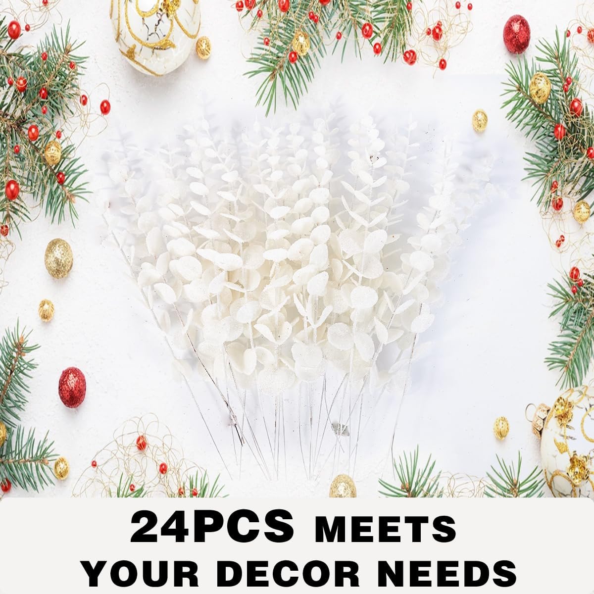 Detalle de Leixi 24pcs Glitter Eucalyptus Leaves Stems, 13.8in – Frosted White for Wedding, Christmas and Seasonal Decor