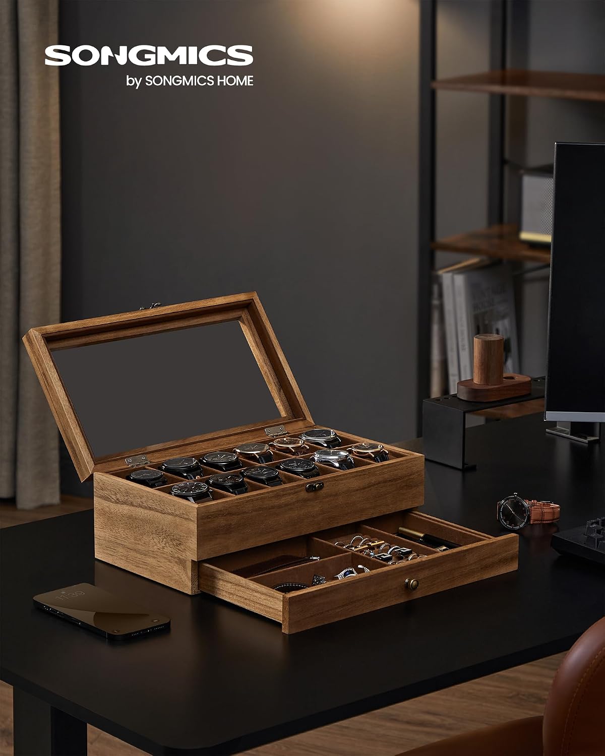 Detalle de SONGMICS Caja de Relojes con 12 Ranuras JOW012K01 – Estuche de Madera de Dos Niveles con Tapa de Cristal