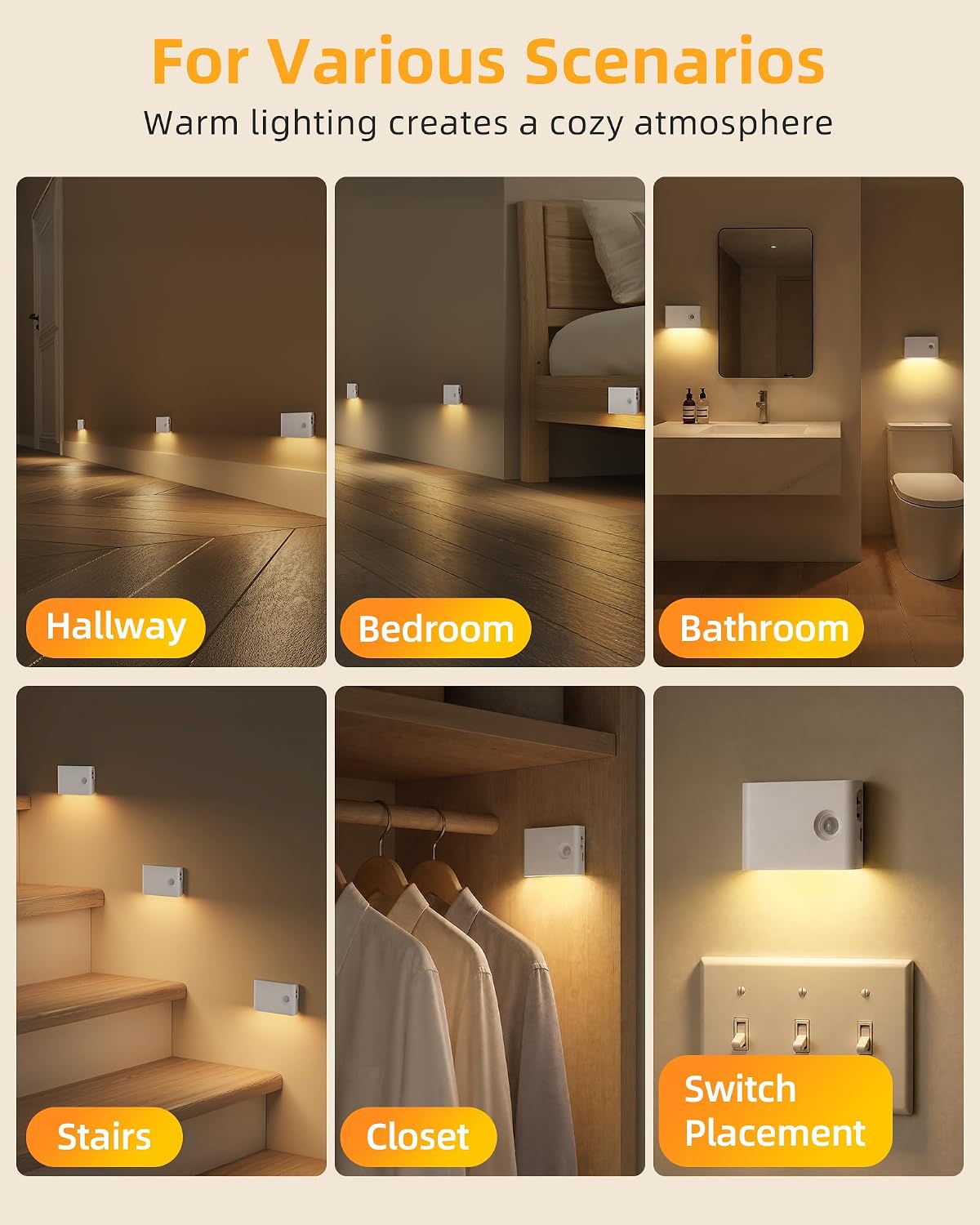 Detalle de EZVALO 8-Pack Motion Sensor Night Lights, Rechargeable 1500mAh, Warm White