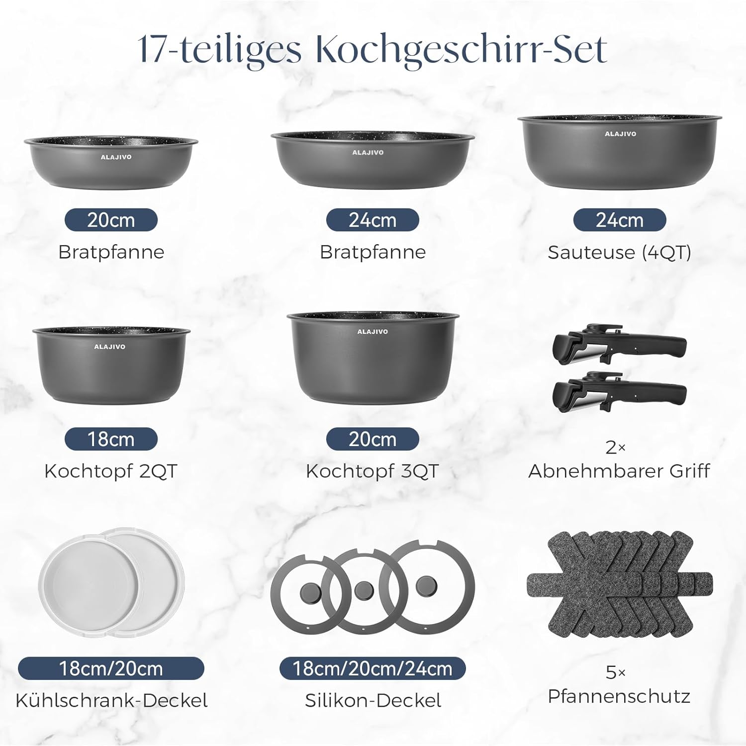 Detalle 2 de Alajivo Topfset mit abnehmbarer Griff, 17-teiliges Pfannenset (Antihaft) für Induktion, grau