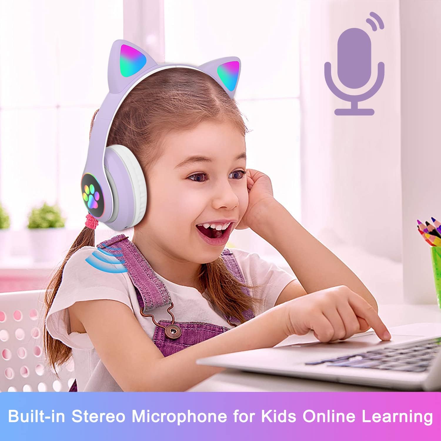 Thumbnail 2 de TOKANI Kids Headphones for School: Bluetooth Cat Ear Headphones with Microphone (Purple)