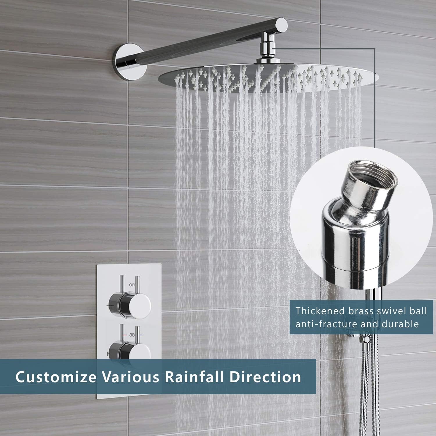 Detalle de WOOPHEN 8-Inch High Pressure Rain Shower Head with 304 Stainless Steel and Chrome Finish