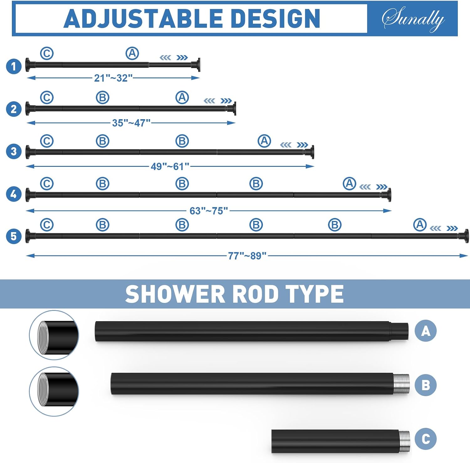 Detalle 2 de SUNALLY SN-ZG-04B Tension Curtain Rod, Adjustable 32–89 in, Black