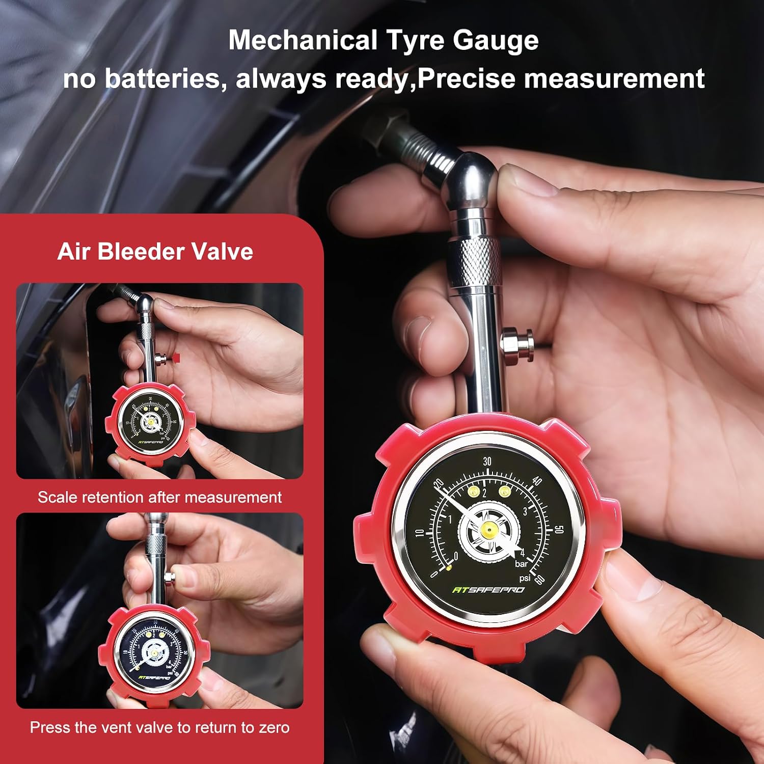 Thumbnail 4 de ATsafepro Red Tyre Pressure Gauge UK – 4 Bar / 60 PSI Mechanical with Glow Dial