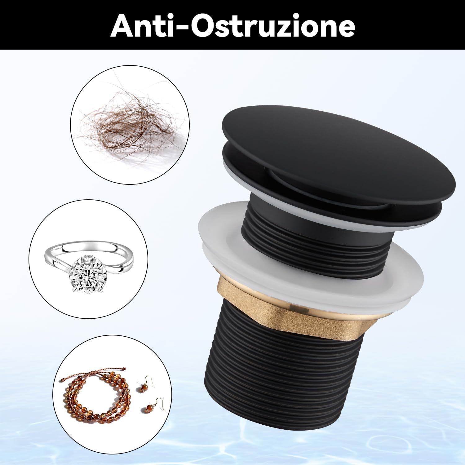 Thumbnail 3 de Ulytid Piletta Lavabo Bagno Nero – Click Clack universale 1 ¼", senza foro di troppopieno