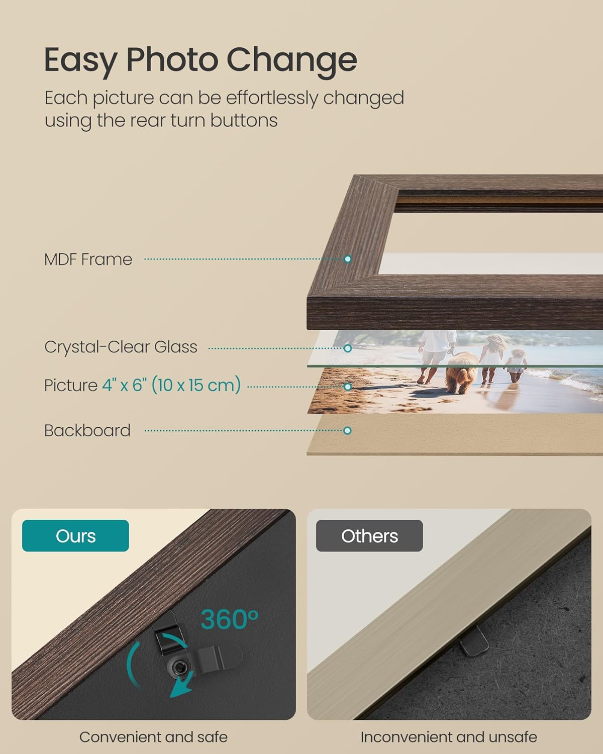 Detalle 2 de SONGMICS Picture Frame Collage RPF022M01: 12x 4x6 Photo Frames for Wall Display in Greige & Red-Brown Tones