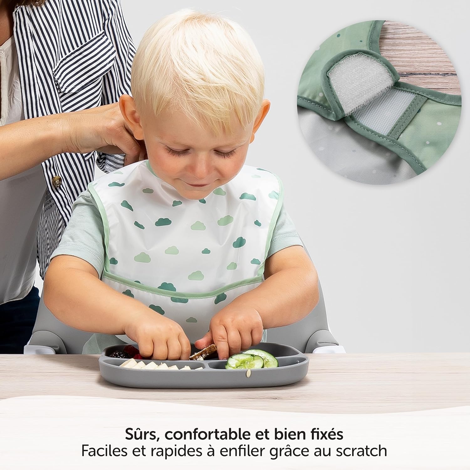 Thumbnail 1 de Lot de 5 bavoirs bébé MiaMia en matériau imperméable plastifié avec fermeture velcro – vert