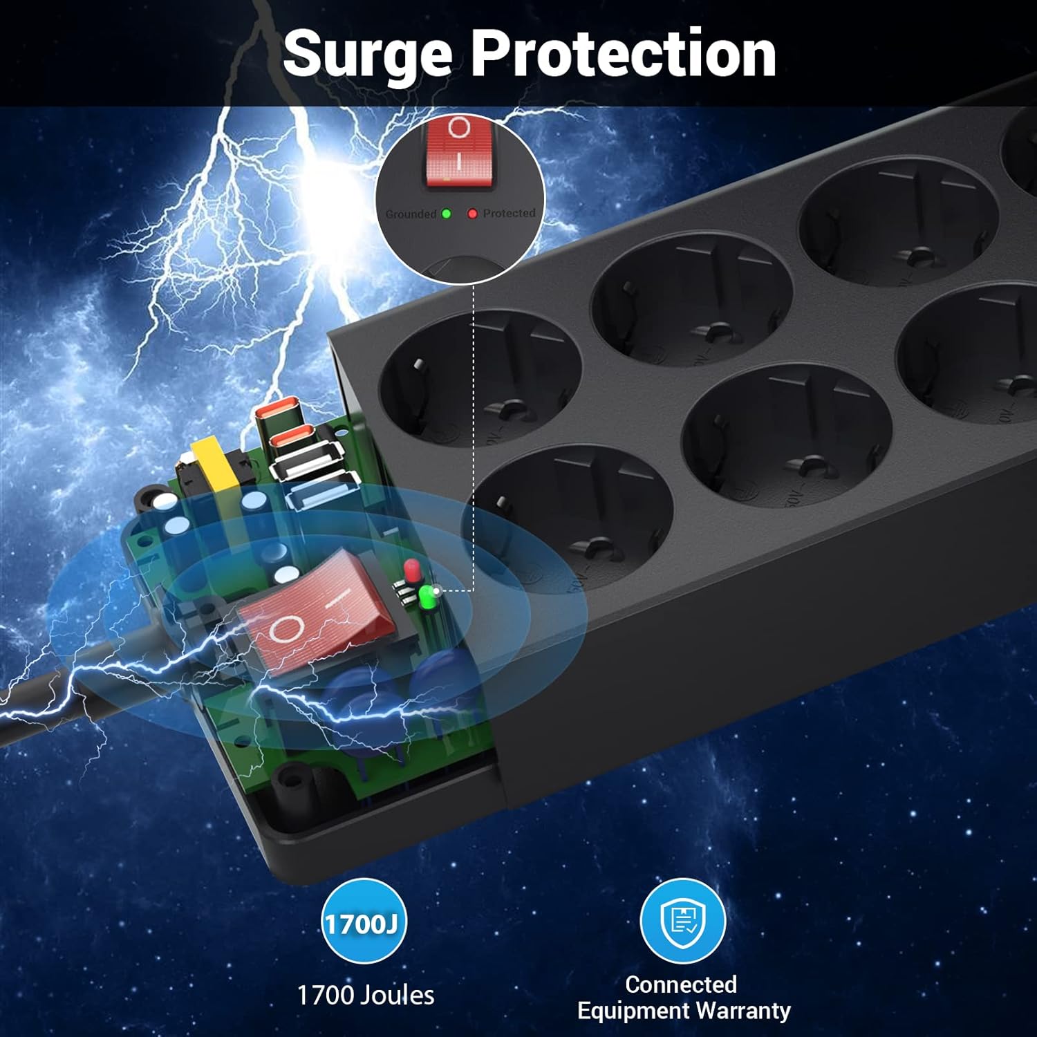Thumbnail 2 de AONOKA Ciabatta multipresa con USB-C e USB-A, protezione sovratensione, 12 prese Schuko e cavo 1,5 m (nero)
