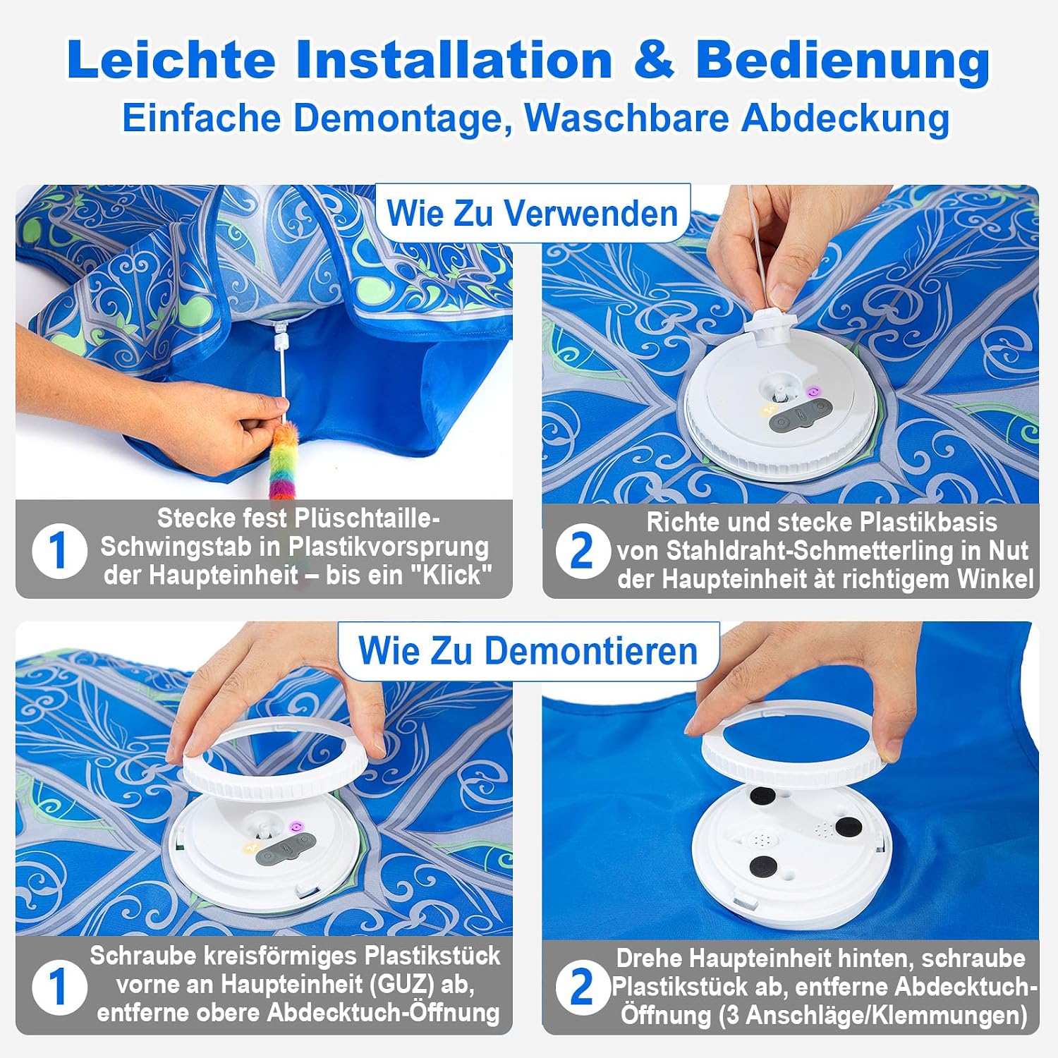 Thumbnail 5 de Qraxond interaktives Katzenspielzeug für Wohnungskatzen – wiederaufladbares Versteckspiel mit flatterndem Spielzeug (Blau)