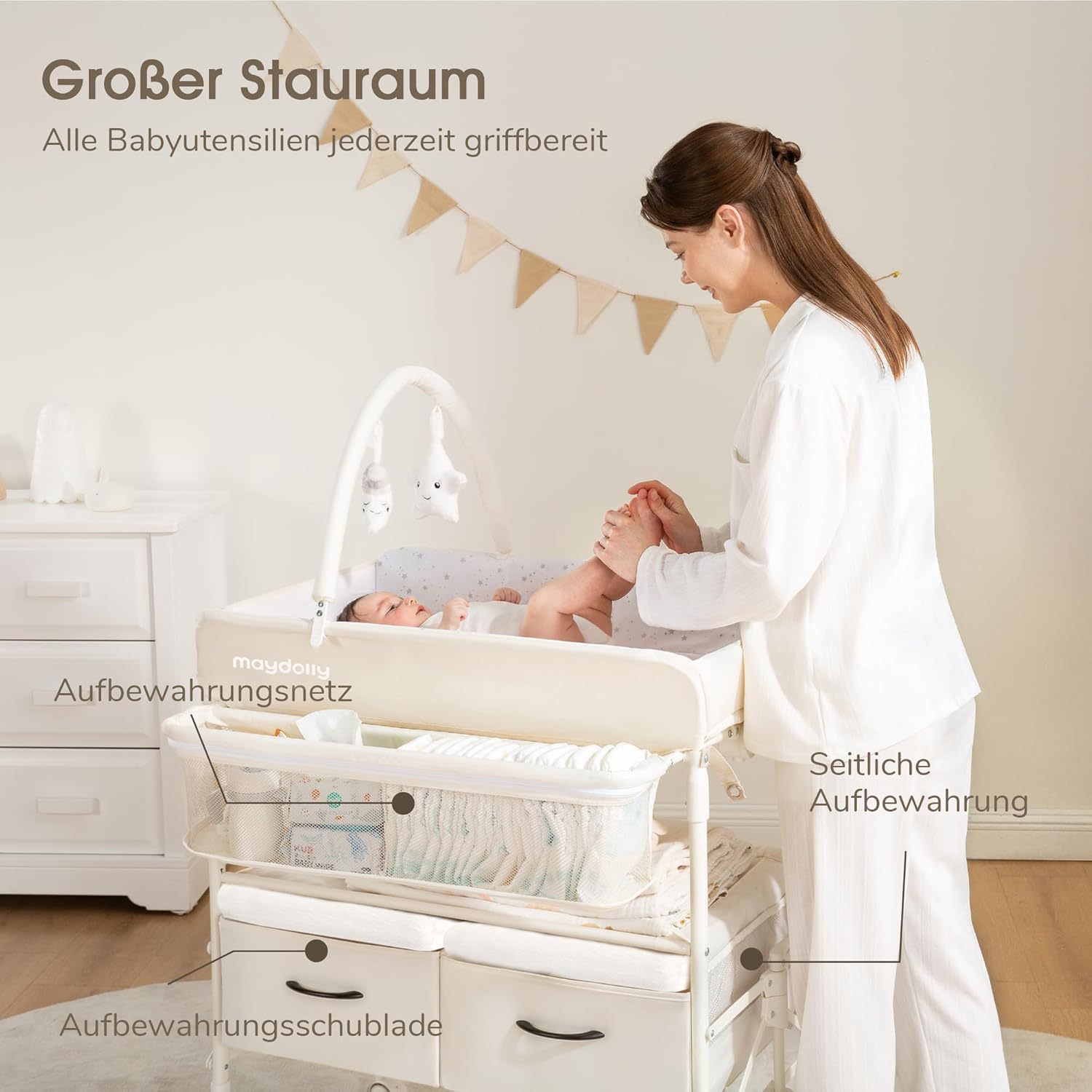 Detalle de Maydolly tragbarer Wickeltisch – faltbar, höhenverstellbar mit Rollen und Stauraum (beige)