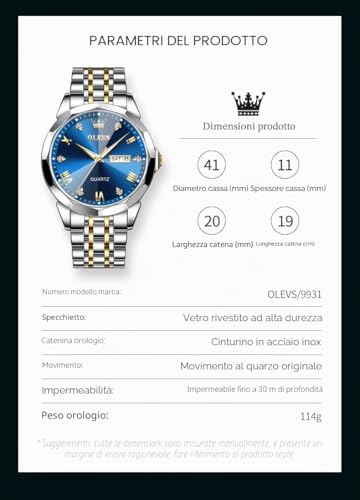 Detalle de OLEVS Orologio da uomo con diamanti per affari – evidente stile due toni, quarzo, impermeabile e luminoso