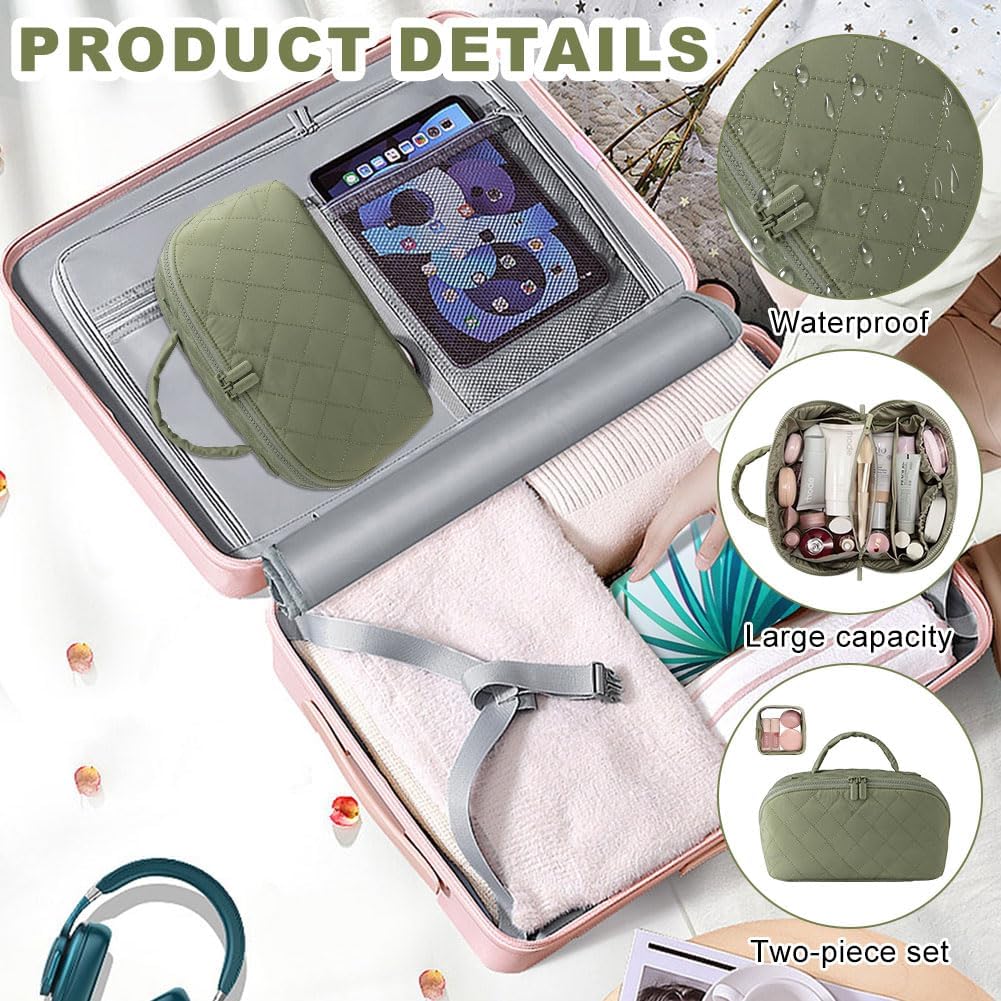 Thumbnail 1 de 2 Set Travel Makeup Bag for Women – Open Flat Lay with Compartments (Green)