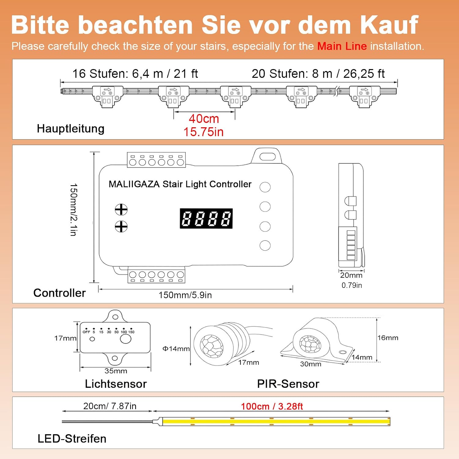 Detalle 2 de MALIIGAZA Smart Treppenbeleuchtung 20 Stufen – COB LED Lichtband mit Bewegungsmelder, 6000 K, einfache Installation