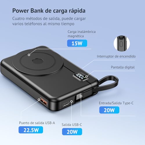 Detalle de Moscsaz Power Bank Magnético 10000mAh — Carga rápida 3 en 1, inalámbrica y USB-C