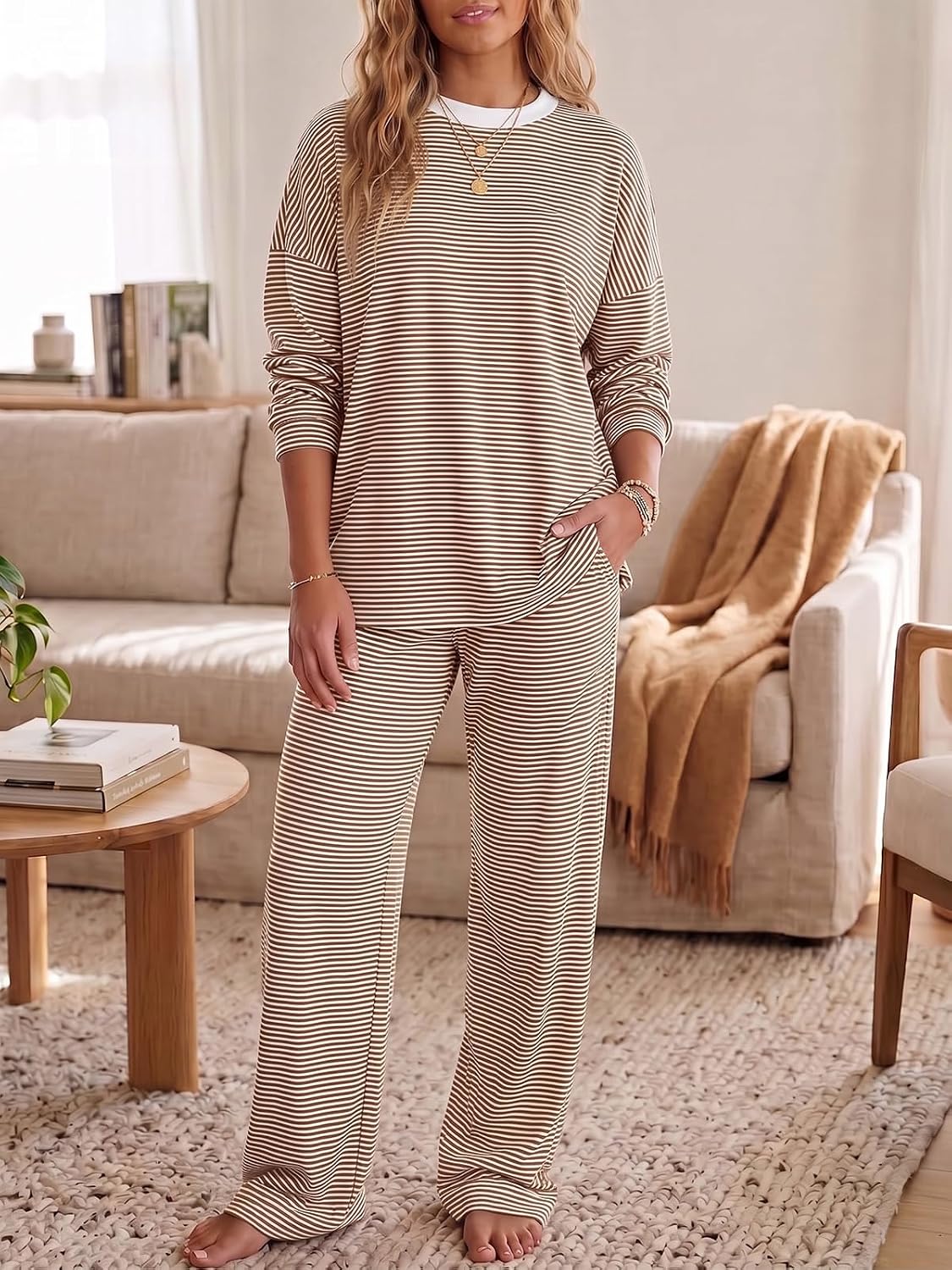 Detalle 2 de Fisoew Women's Striped Cotton Lounge Set with Long-Sleeve Top and Wide-Leg Pants
