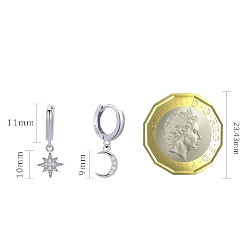 Detalle 2 de 925 Sterling Silver Moon & Star Huggie Hoop Earrings – Handmade Drop Dangle Jewellery