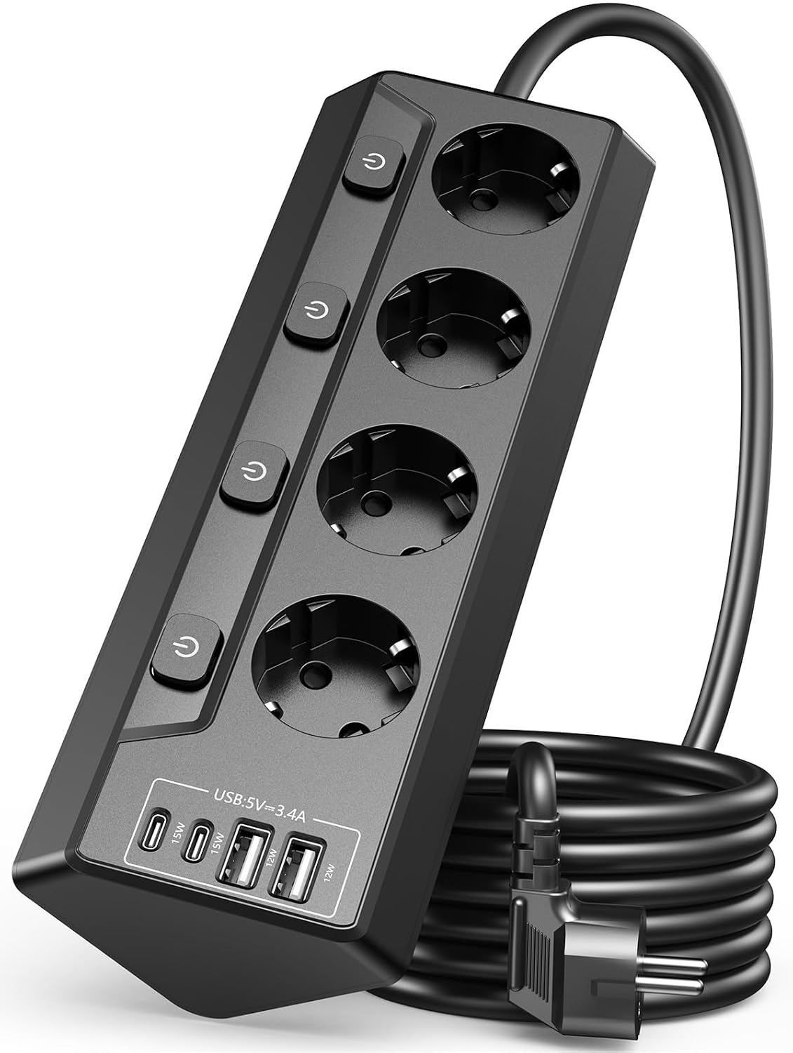 Thumbnail 6 de RivHillX Tischsteckdose Steckdosenleiste mit USB (schwarz) – 5-fach, einzeln schaltbar