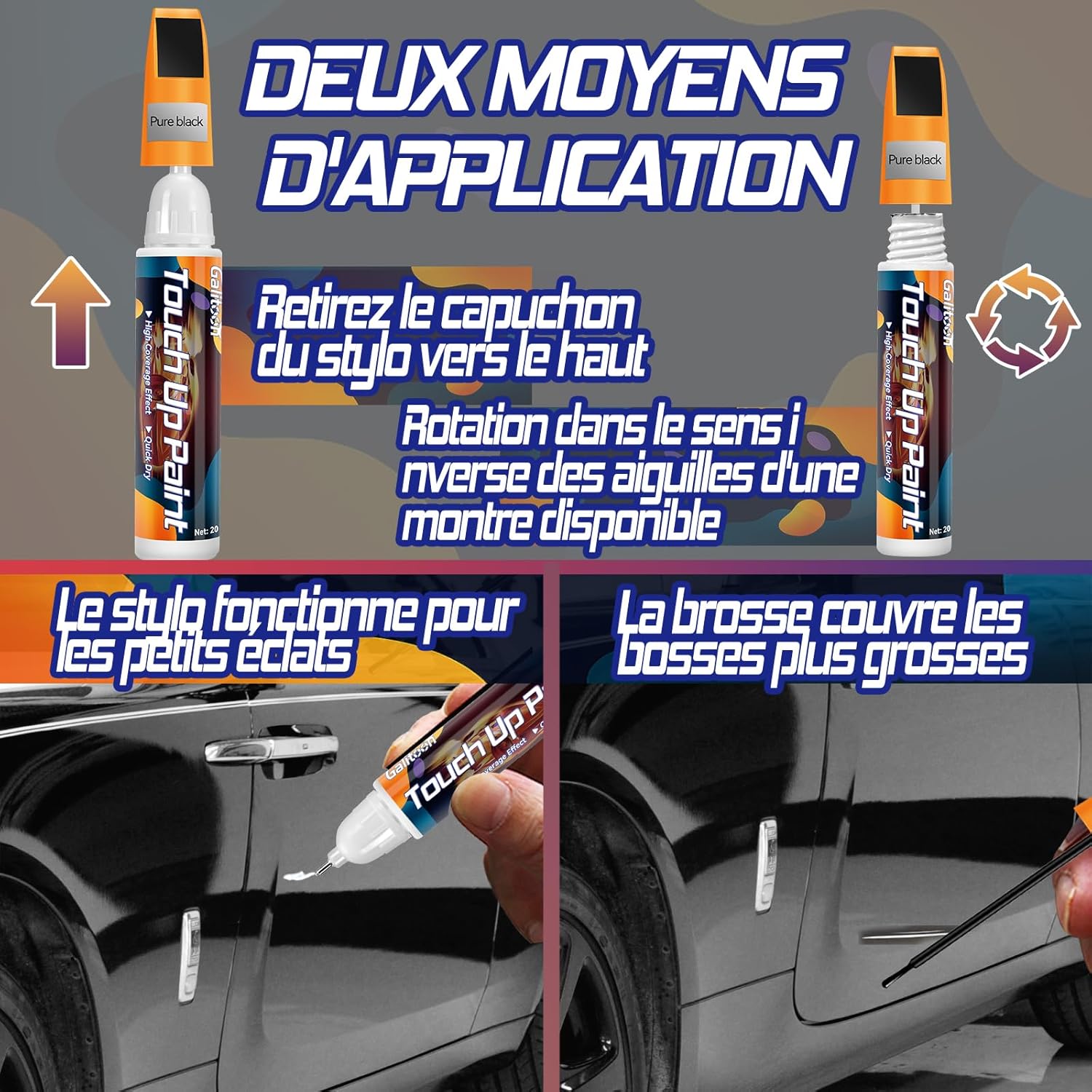 Detalle de Galitoon Stylo de retouche peinture carrosserie – Noir, 2-en-1