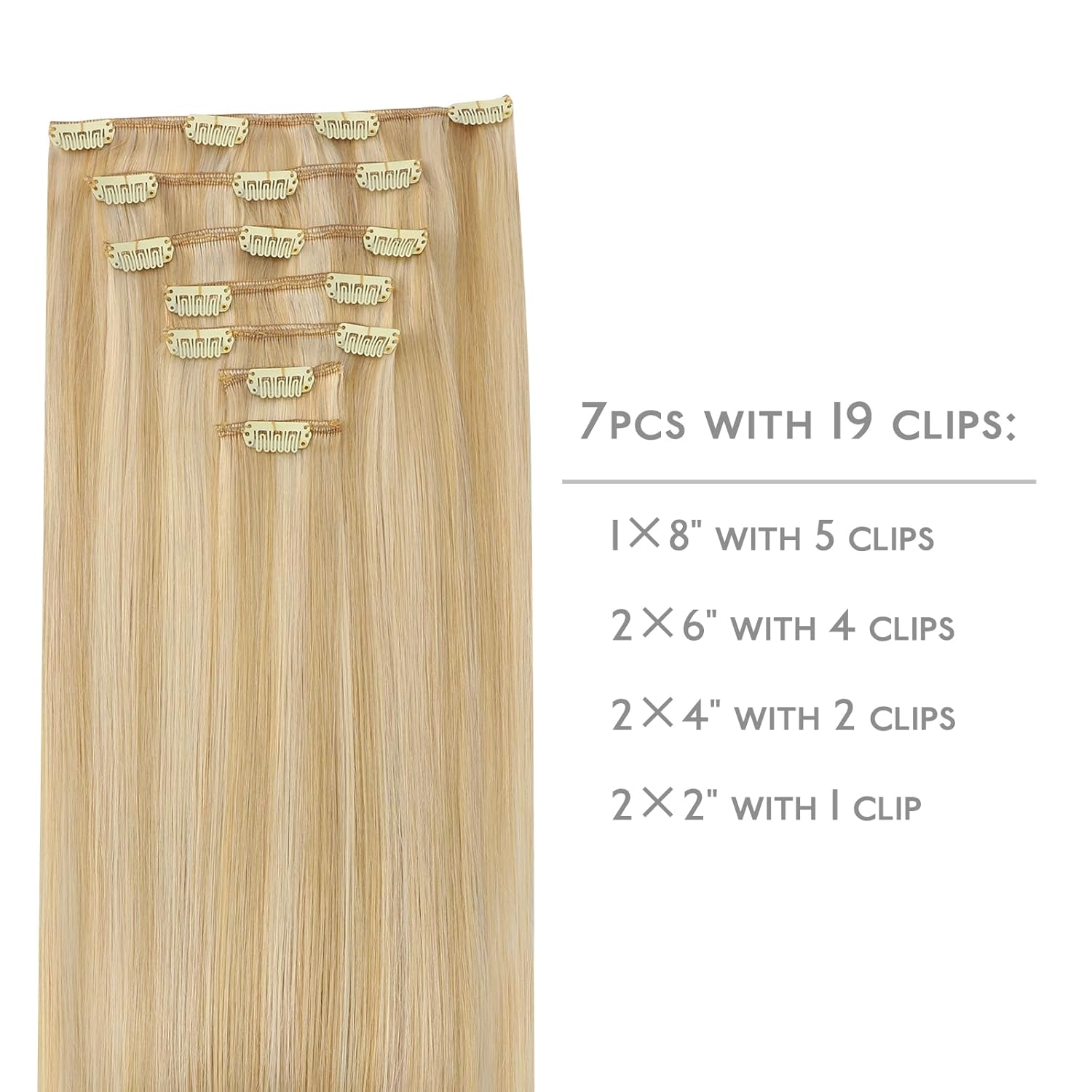 Detalle 2 de WENNALIFE Clip-in Echthaar Extensions, 35 cm, Hellblond Highlights Goldblond – 7 Teile, 120 g