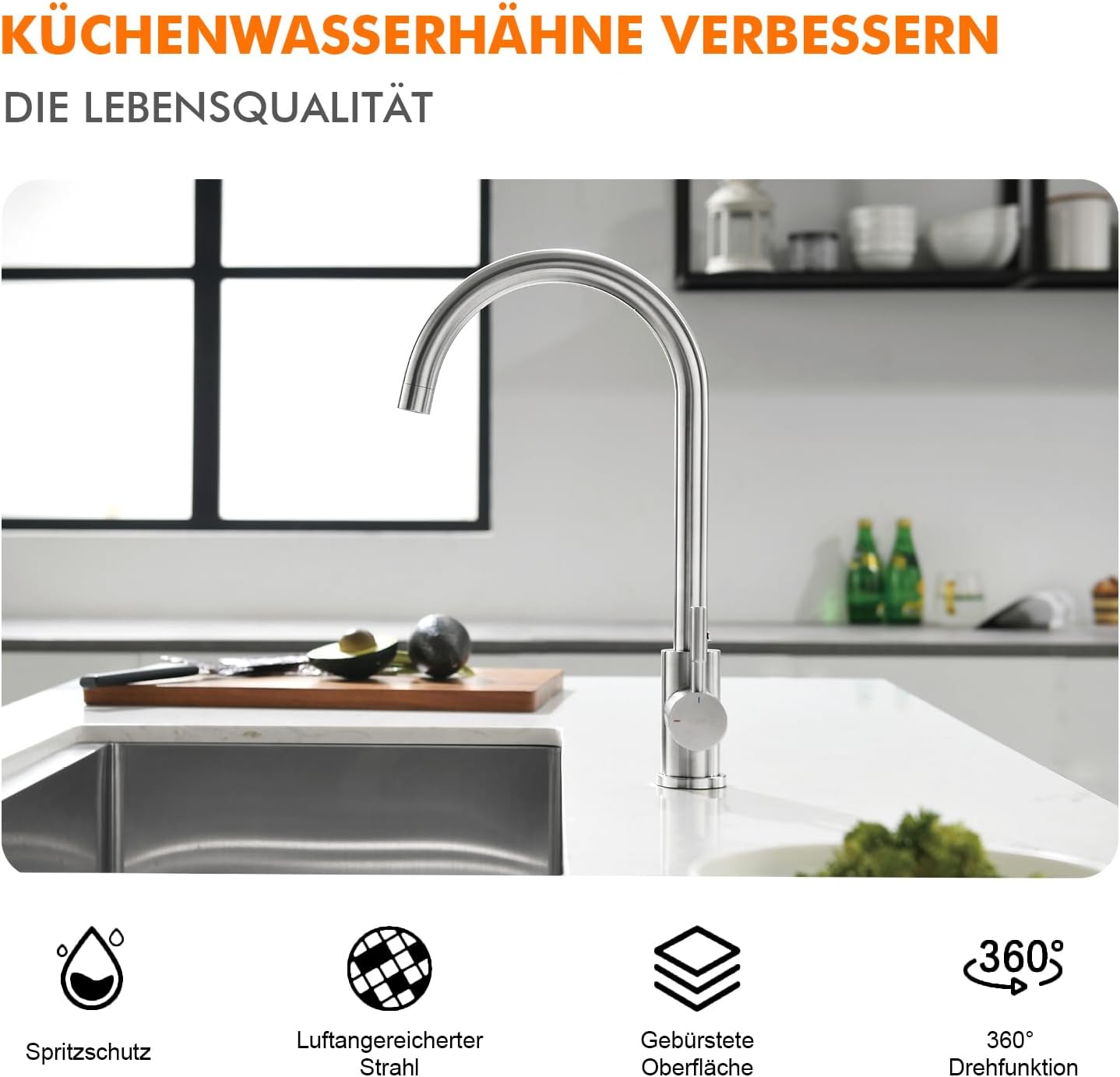 Thumbnail 2 de GRIFEMA Küchenarmatur mit Einhebelmischung, hoher Bogen (271 mm) und 360° Drehung – Edelstahl, grau