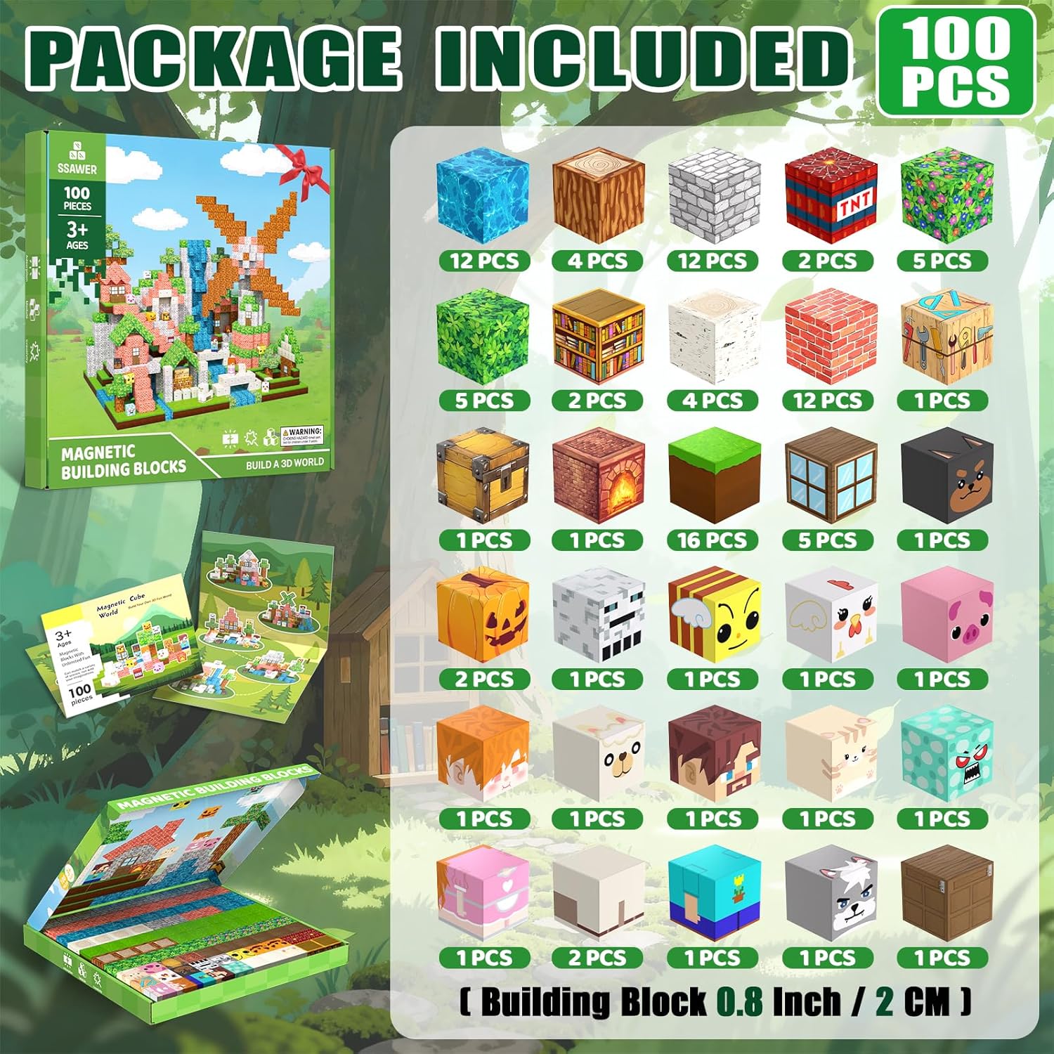 Thumbnail 1 de SSAWER Magnetische Bausteine Bauspielzeug – 100 Teile im Waldhaus-Set