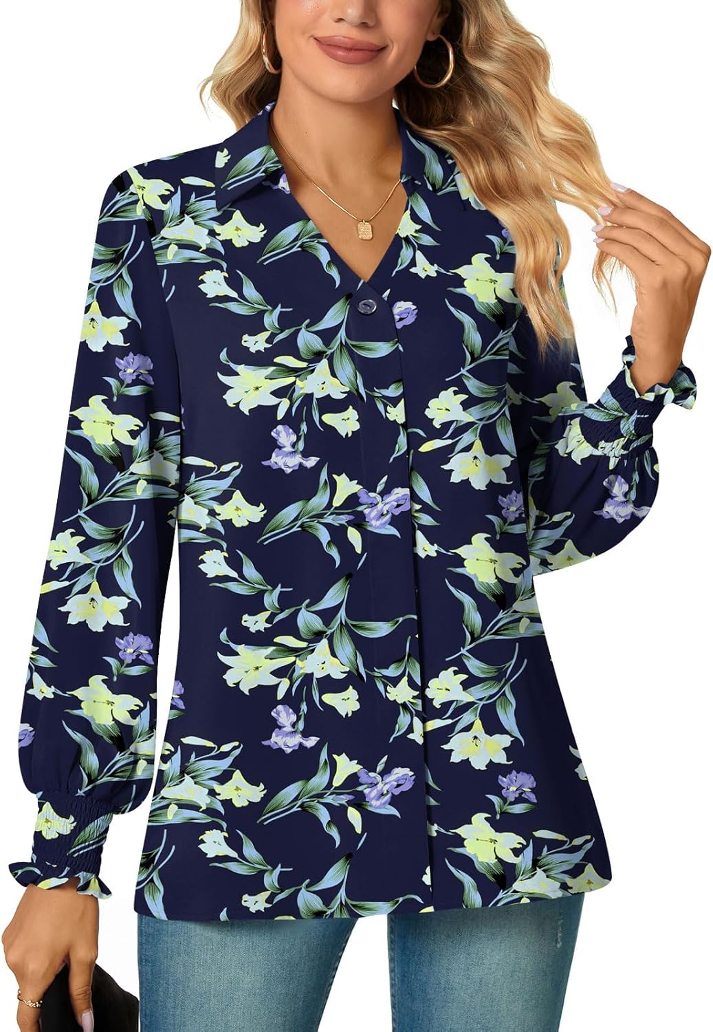 Detalle 2 de Aodemo Women's Summer Collared V Neck Chiffon Blouse Dressy Business Tunic