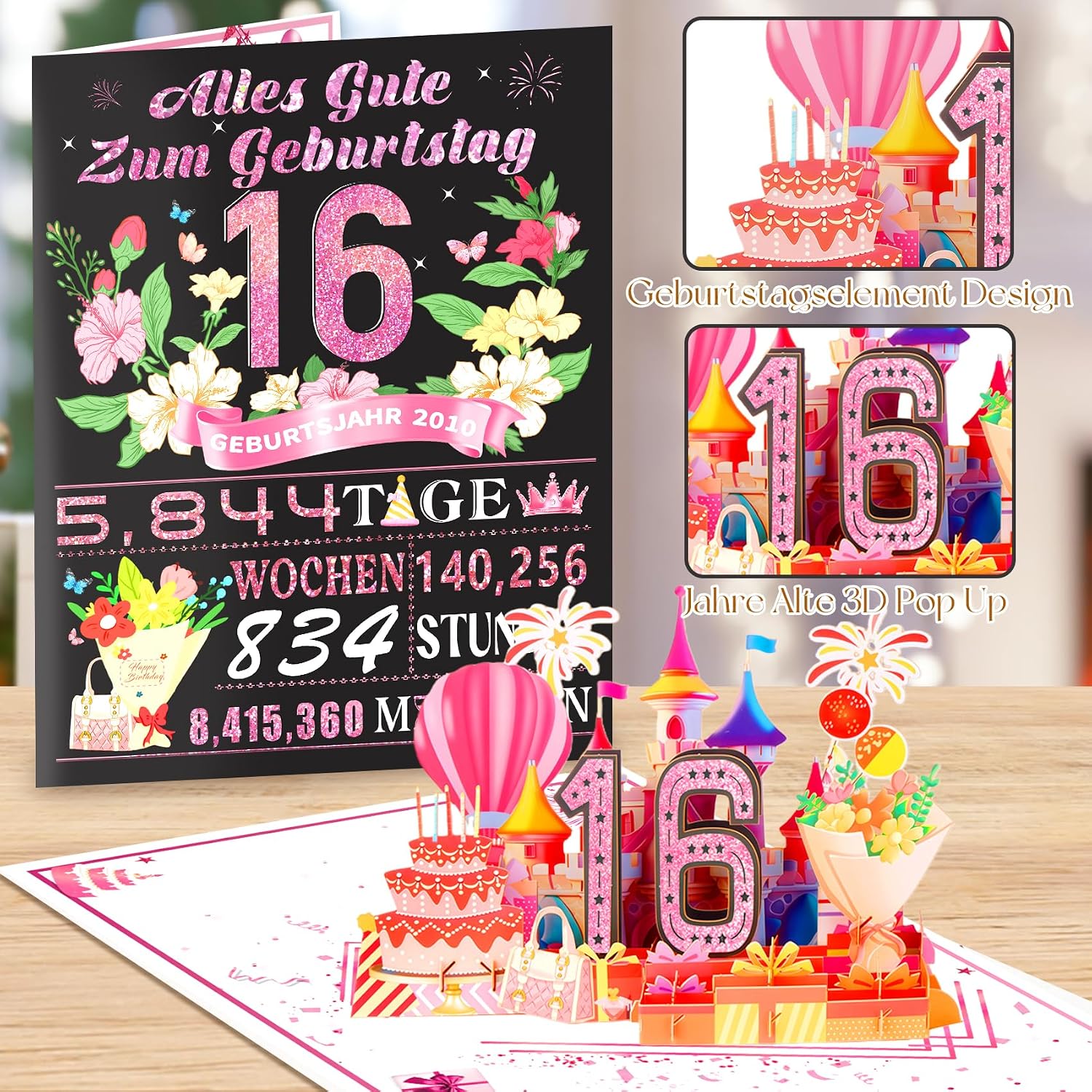 Detalle de OLOSONG Geburtstagskarte zum 16. Geburtstag – 3D Pop-up Karte mit „16“, Roségold-Optik, Umschlag