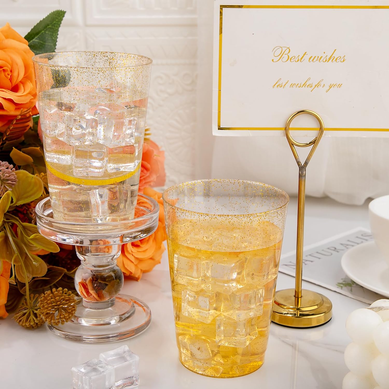 Detalle 2 de I00000 200 Pack 12 oz Gold Glitter Plastic Cups – Premium Disposable Glassware for Parties