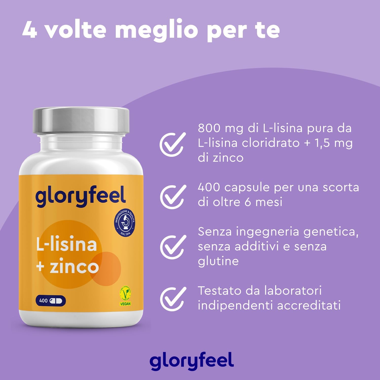 Thumbnail 1 de Gloryfeel L-Lisina 1000 mg + Zinco 1,5 mg, 400 Capsule: Alto Dosaggio Vegano da Fermentazione Vegetale
