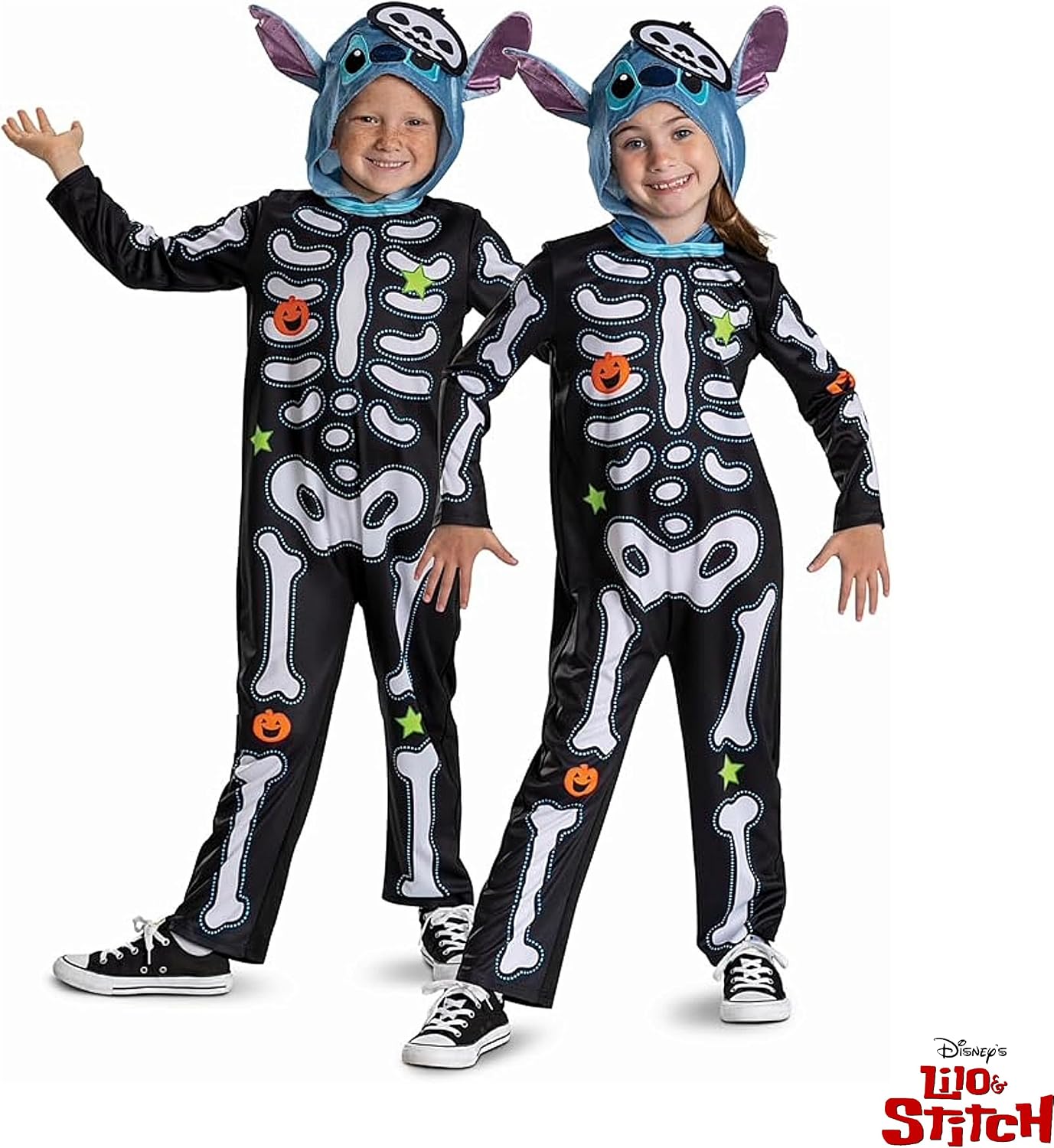 Detalle de Disney Stitch klassiek skeletkostuum voor kinderen met capuchon en kleurrijke print