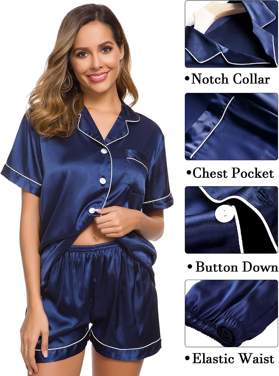 Detalle de SWOMOG SWOMOG- 3-Piece Satin Pajama Set with Short-Sleeve Top