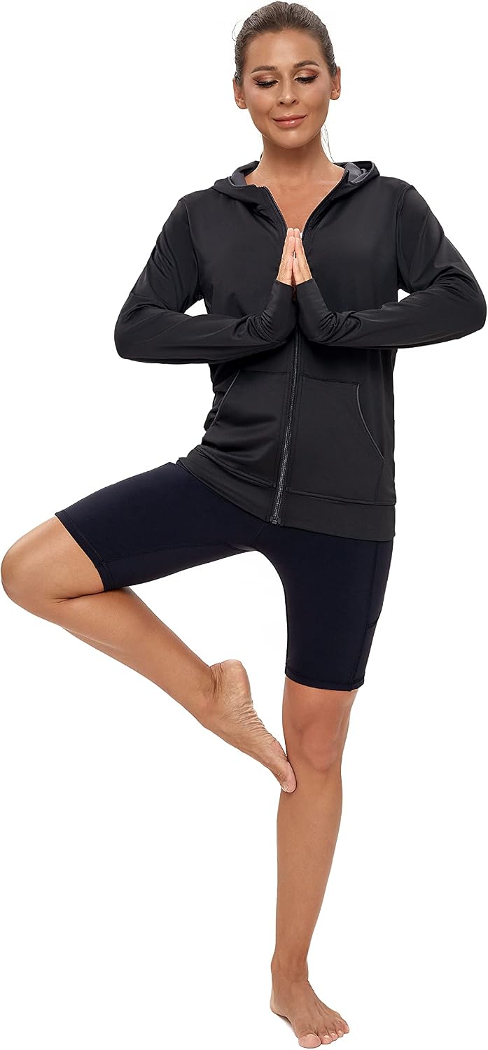 Thumbnail 4 de AMZSPORT Damen Laufjacke mit Kapuze, durchgehender Reißverschluss & Daumenlöchern für Training, Yoga & Fitness