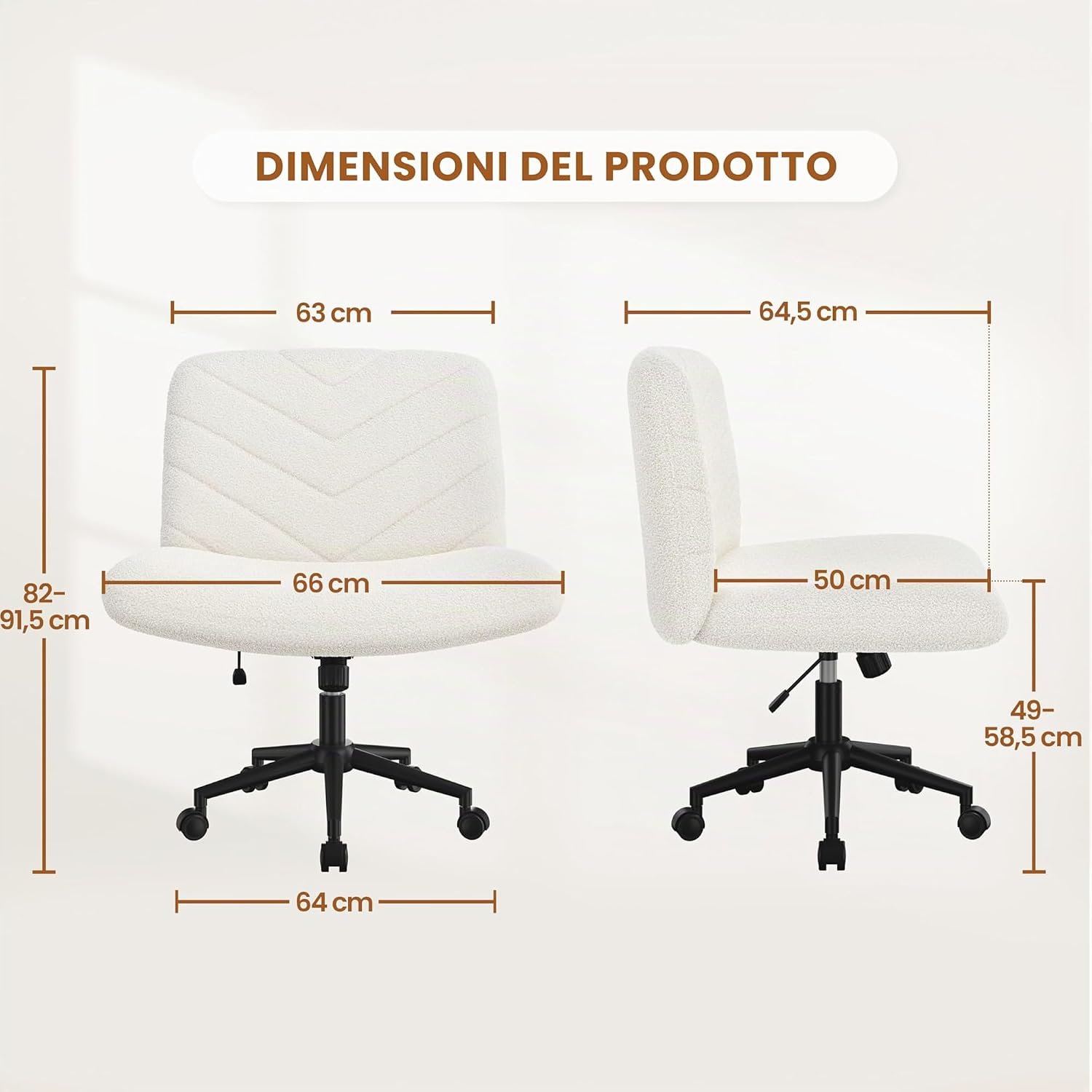 Detalle de Yaheetech Sedia Ufficio Girevole Senza Braccioli in Tessuto Bouclé Avorio, seduta ampia e schienale reclinabile con ruote