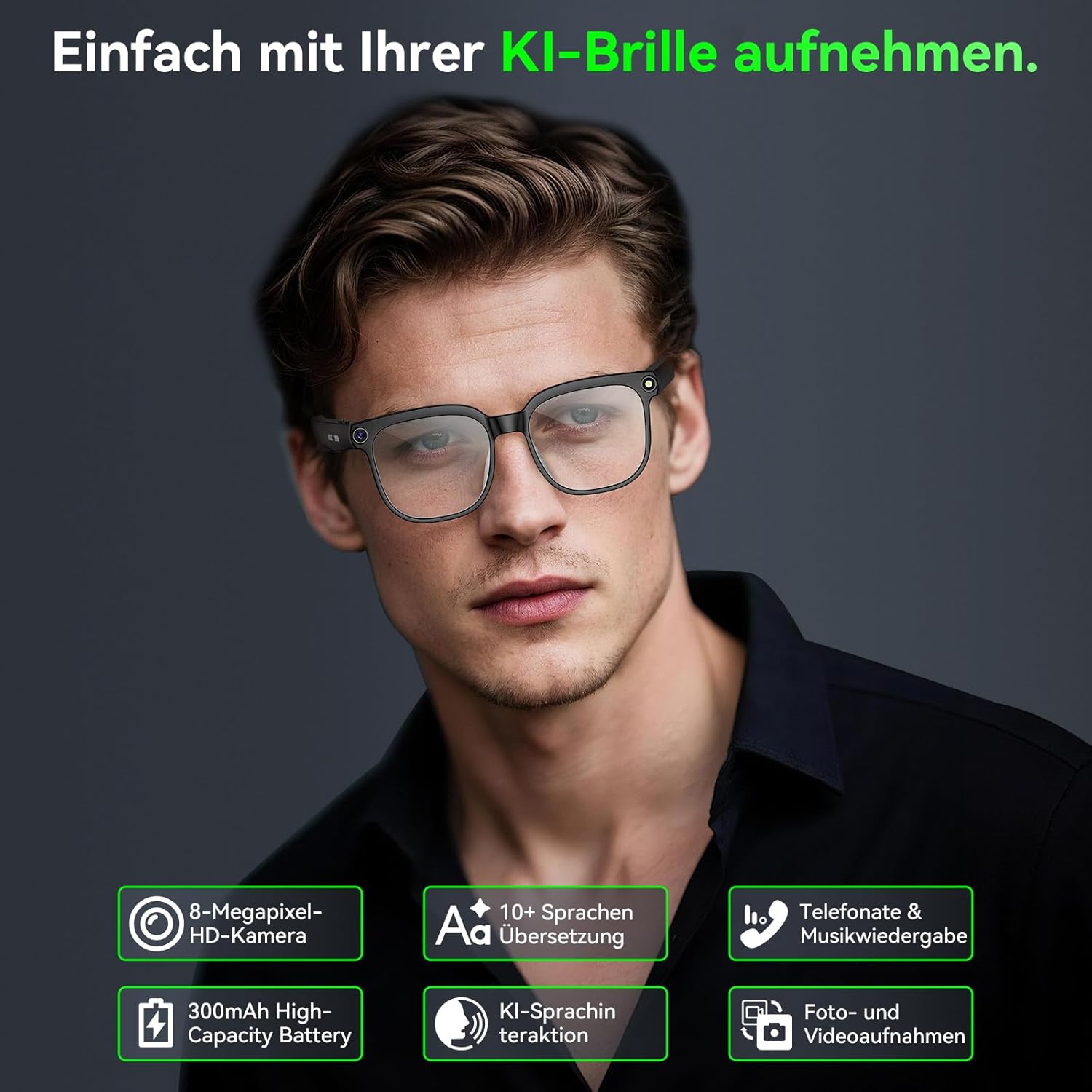 Thumbnail 1 de Kamera-Brille, 8 MP Lünette mit KI – intelligente Brille für Video, Audio & Übersetzungen (blaulichtfilter)