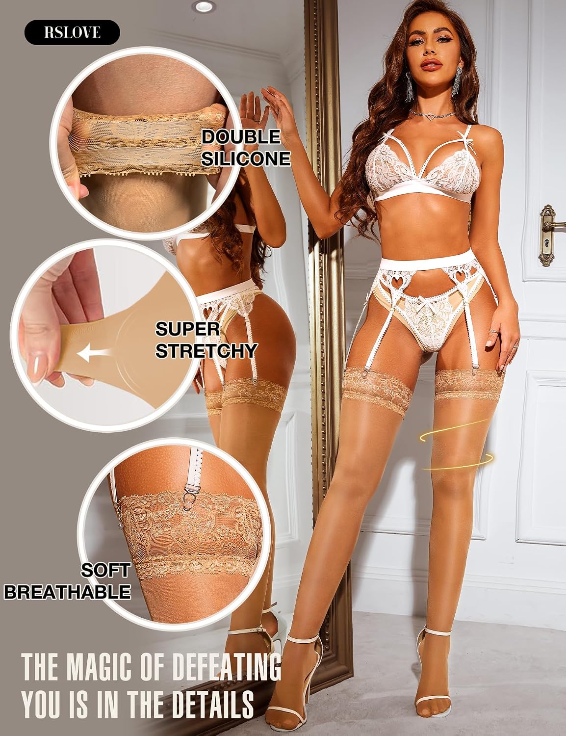 Detalle de RSLOVE Women's Hold-Up Stockings with Sheer Lace Top and Anti-Slip Bands