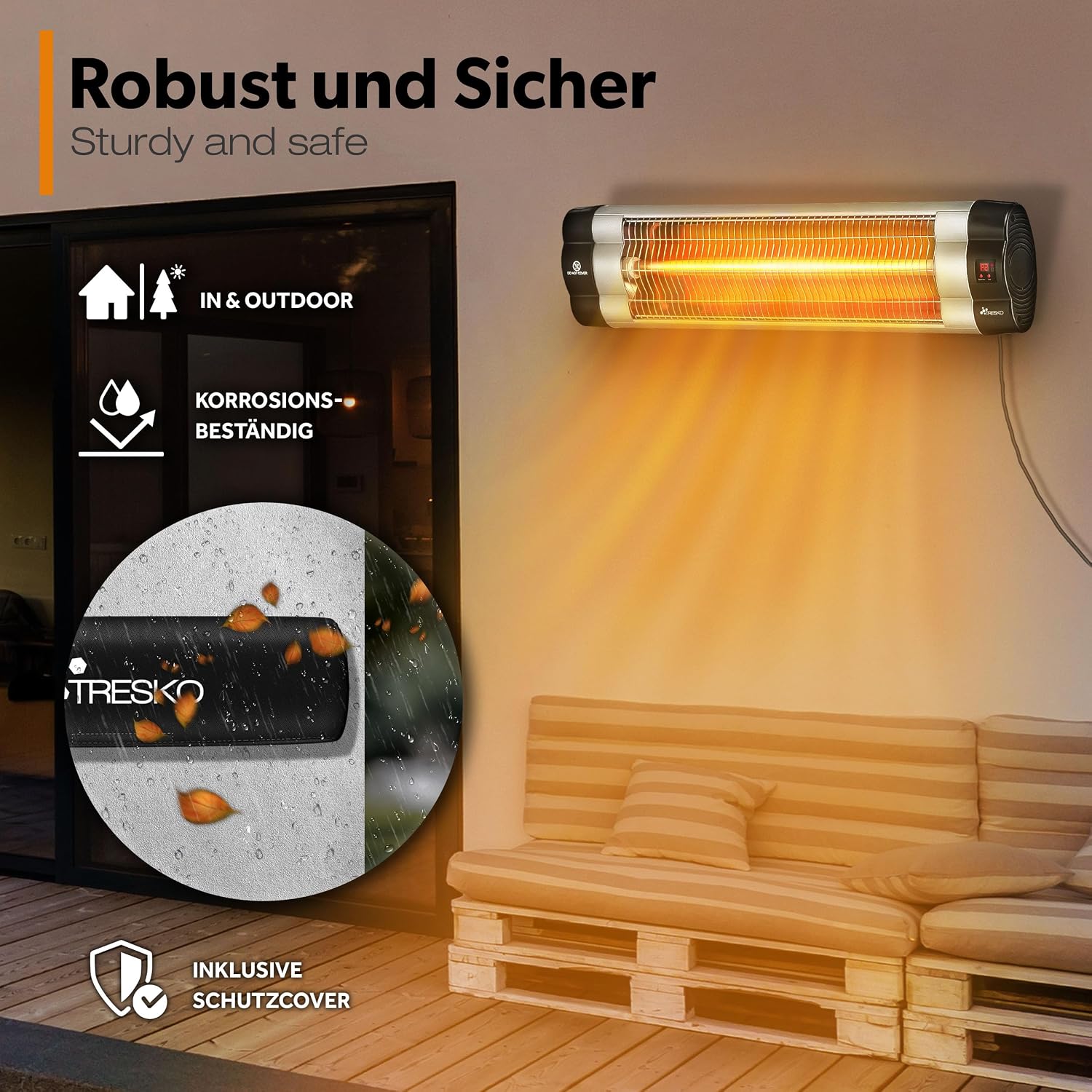 Detalle de TRESKO Infrarot Heizstrahler 2500W mit Fernbedienung – Terrassenheizstrahler für Innen & Außen