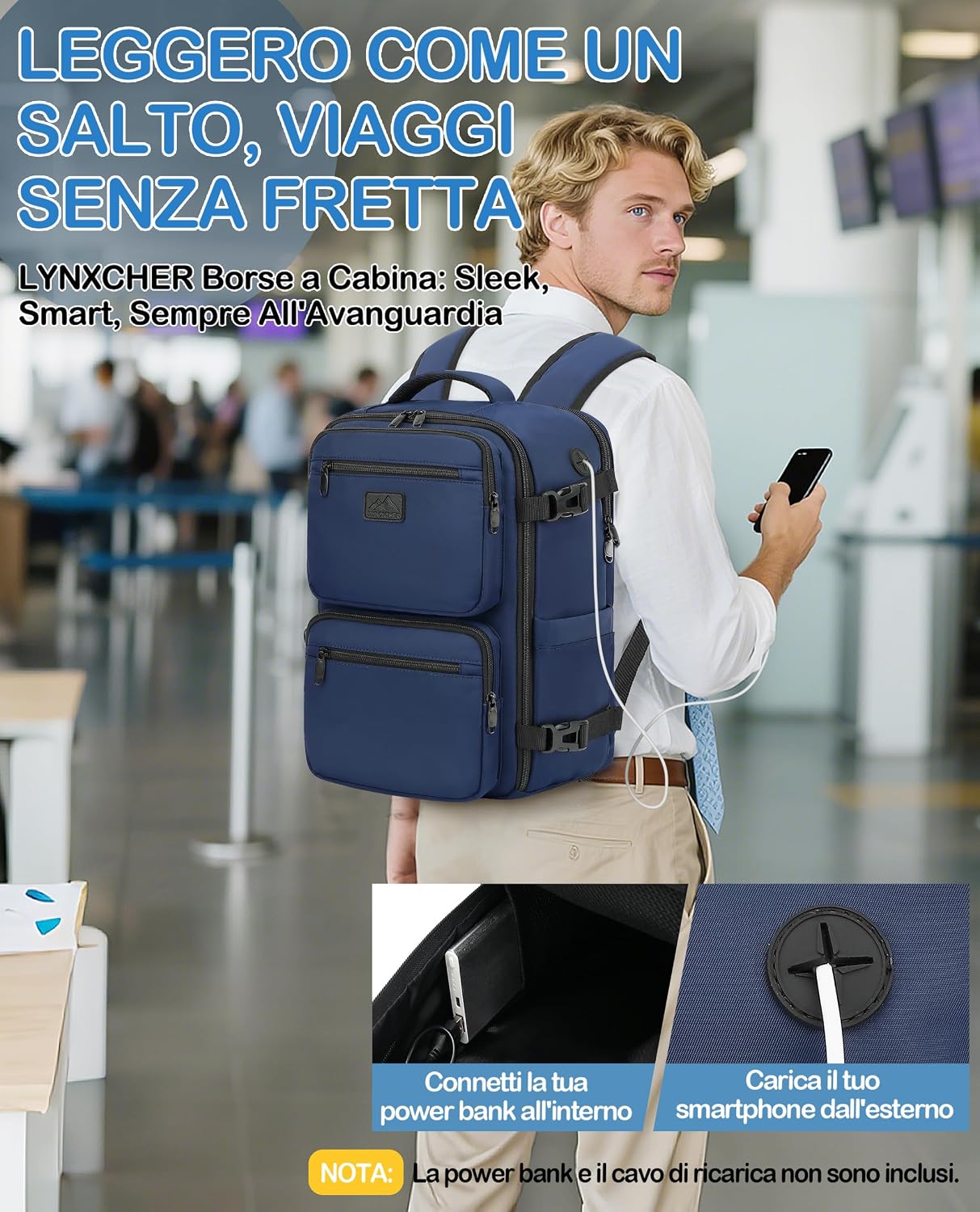 Thumbnail 5 de LYNXCHER Zaino Ryanair 40x30x20: Compagno di viaggio 24L con scomparto laptop 15,6 pollici, Under Seat approvato (Blu Scuro)