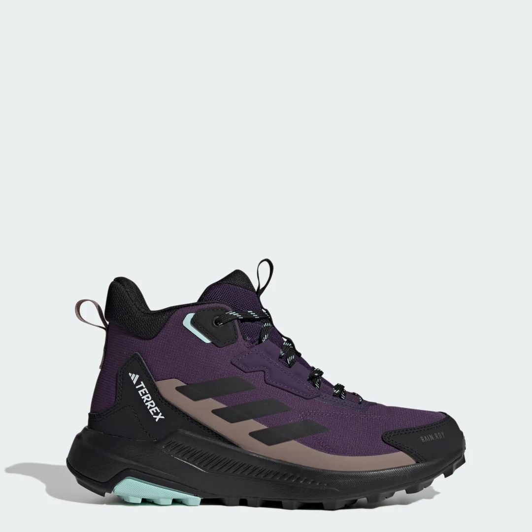 Detalle de adidas Terrex Anylander Mid Rain.Rdy Hiking morada: zapatilla de senderismo media resistente a la lluvia