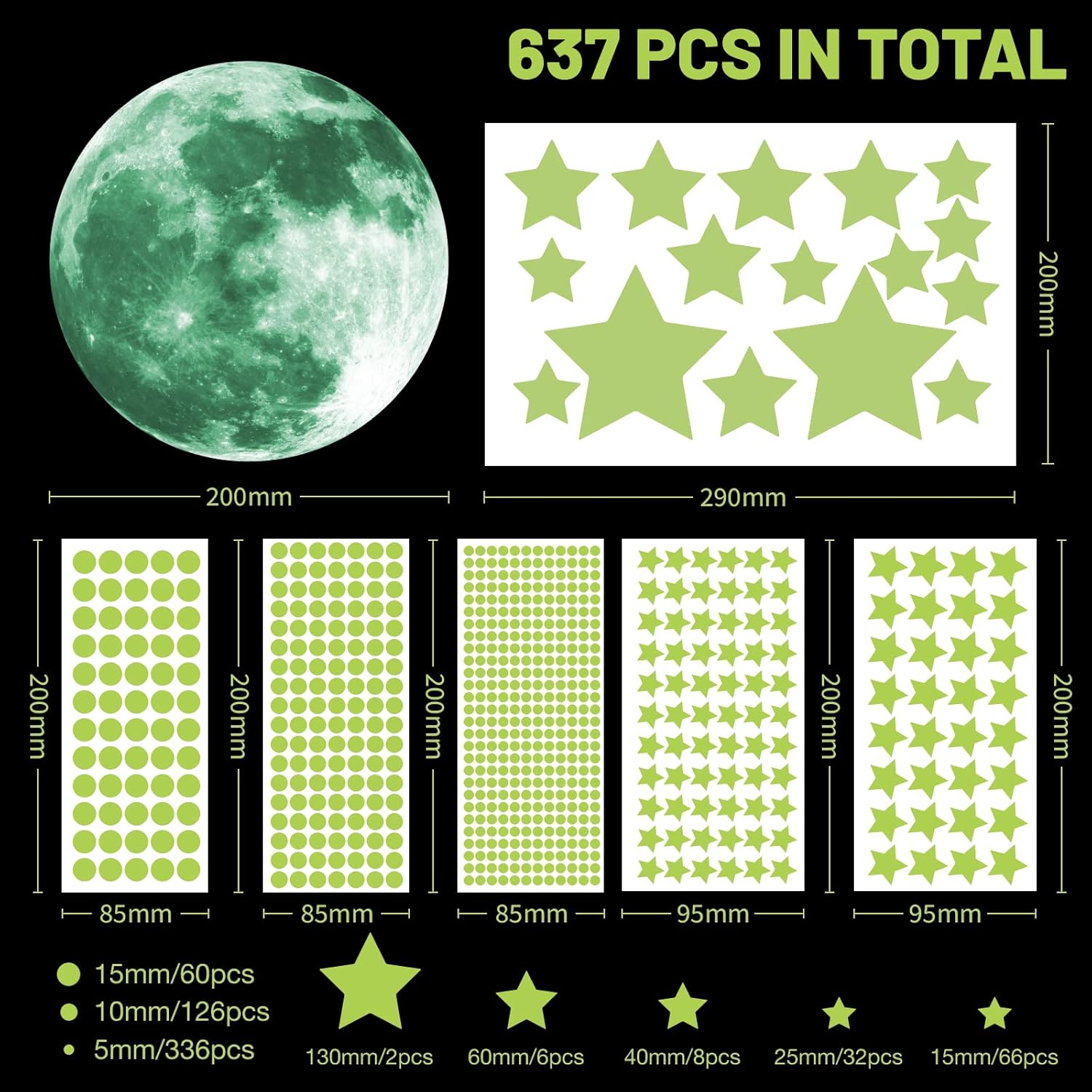 Thumbnail 2 de ECHOCUBE 637pcs Glow in the Dark Wall Stickers – Stars, Moon and Dots Set