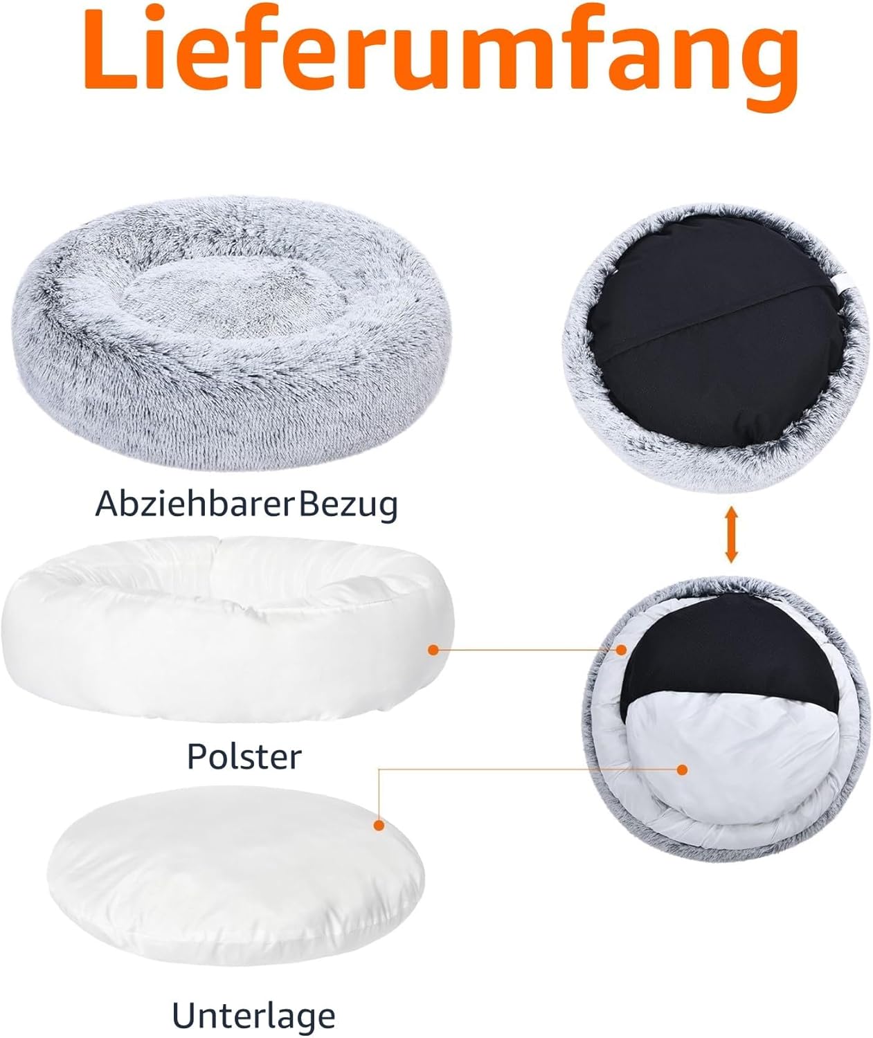 Thumbnail 2 de Amazon Basics Donut-Haustierbett für Hunde (Kunstfell), maschinenwaschbar, 91 cm, grau