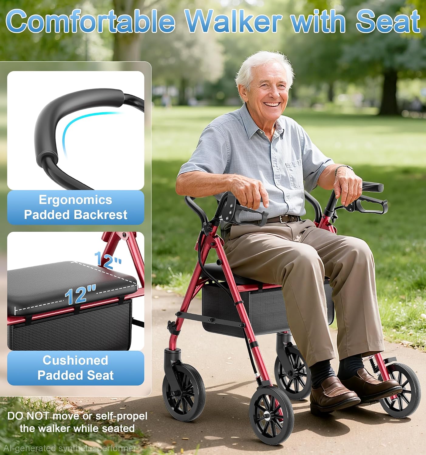 Detalle de HOMLAND Foldable Rollator Walker with Seat, 16 lb, 5-Level Adjustable