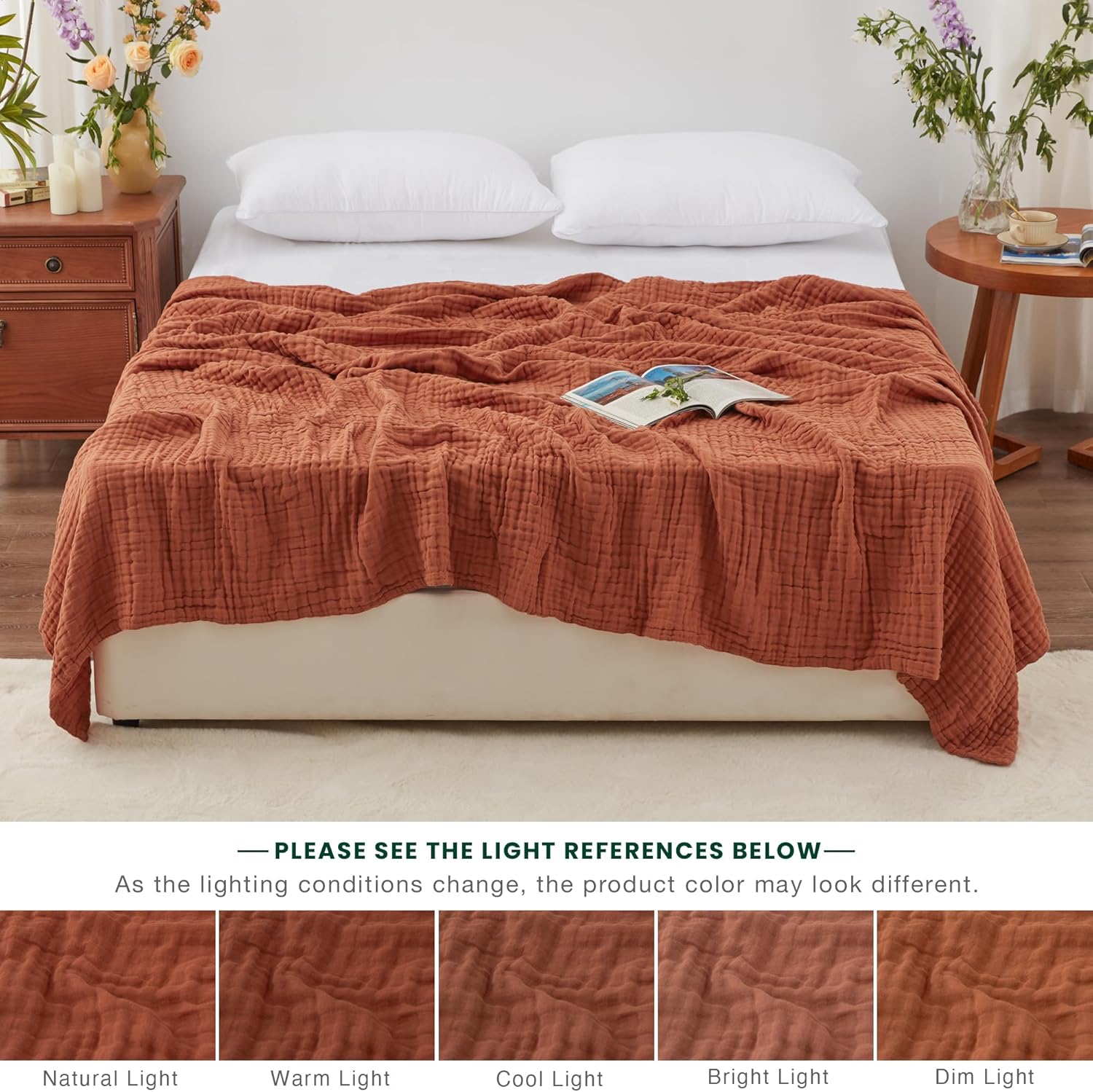 Thumbnail 5 de Love’s Cabin 100% Cotton Muslin Blanket (6-Layer Gauze), King Size 108 x 90 Inches, Orange