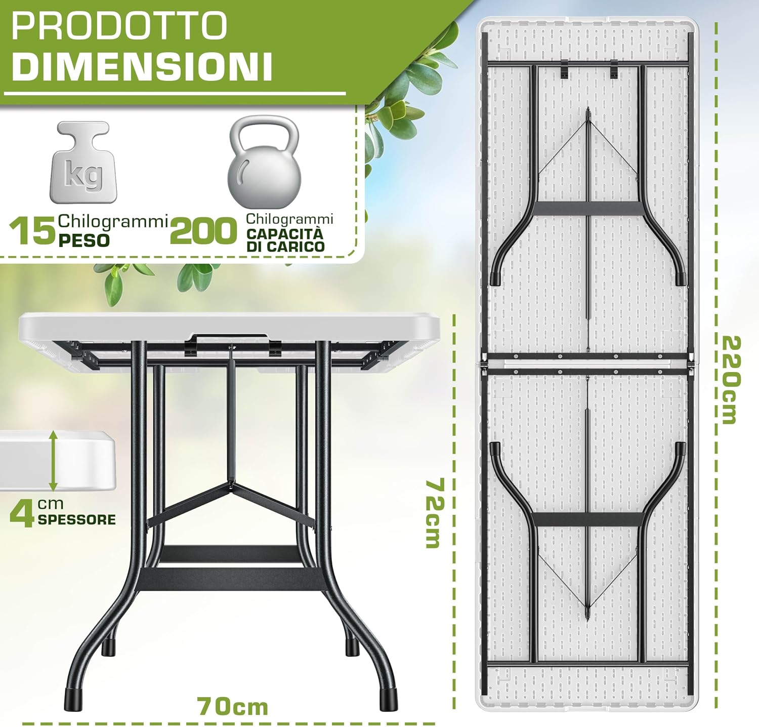 Detalle 2 de tillvex Tavolo da giardino pieghevole 220x70 cm