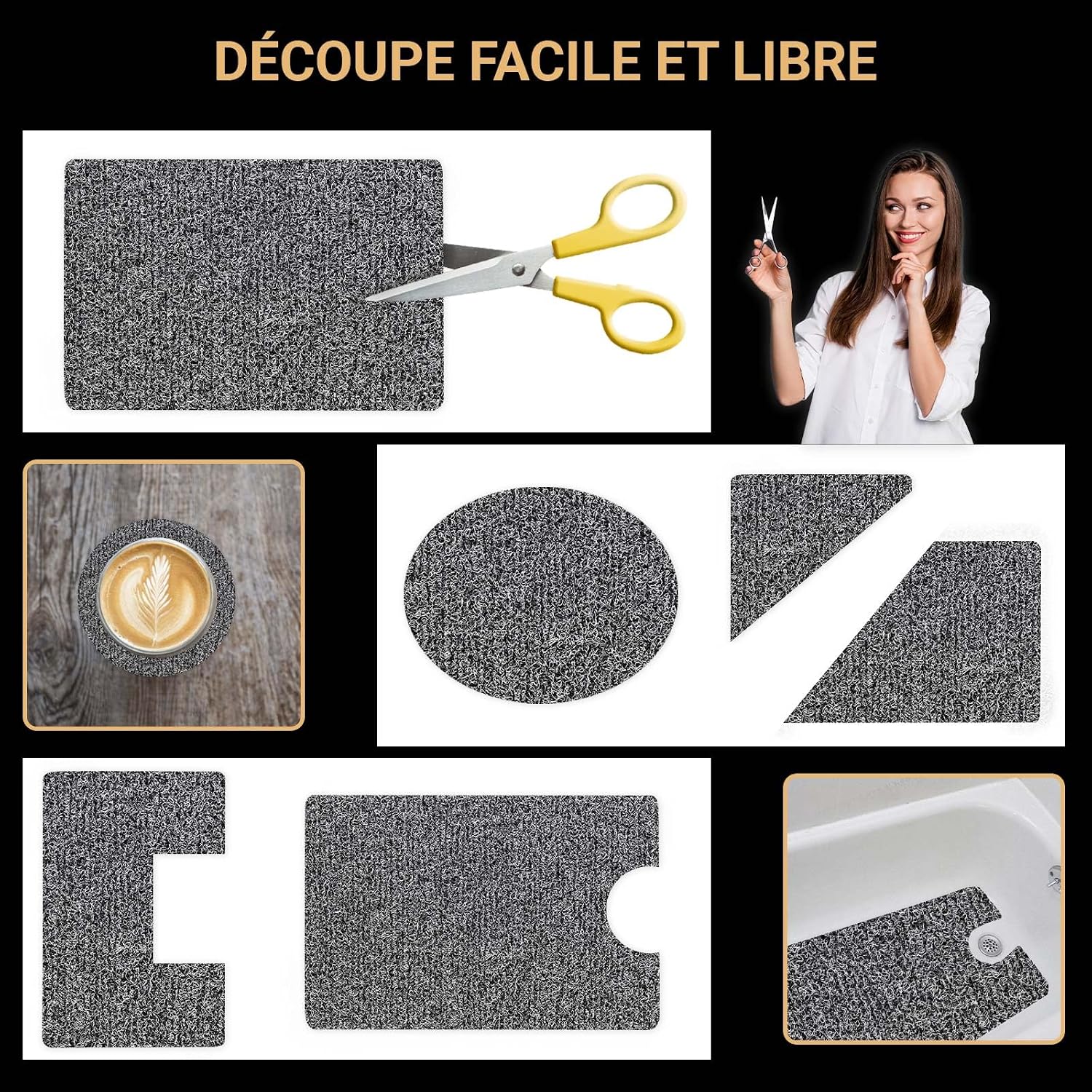Detalle de COSYLAND Tapis de Douche Antidérapant 40x80 cm – Luffa PVC, Drainage Efficace, Noir/Blanc