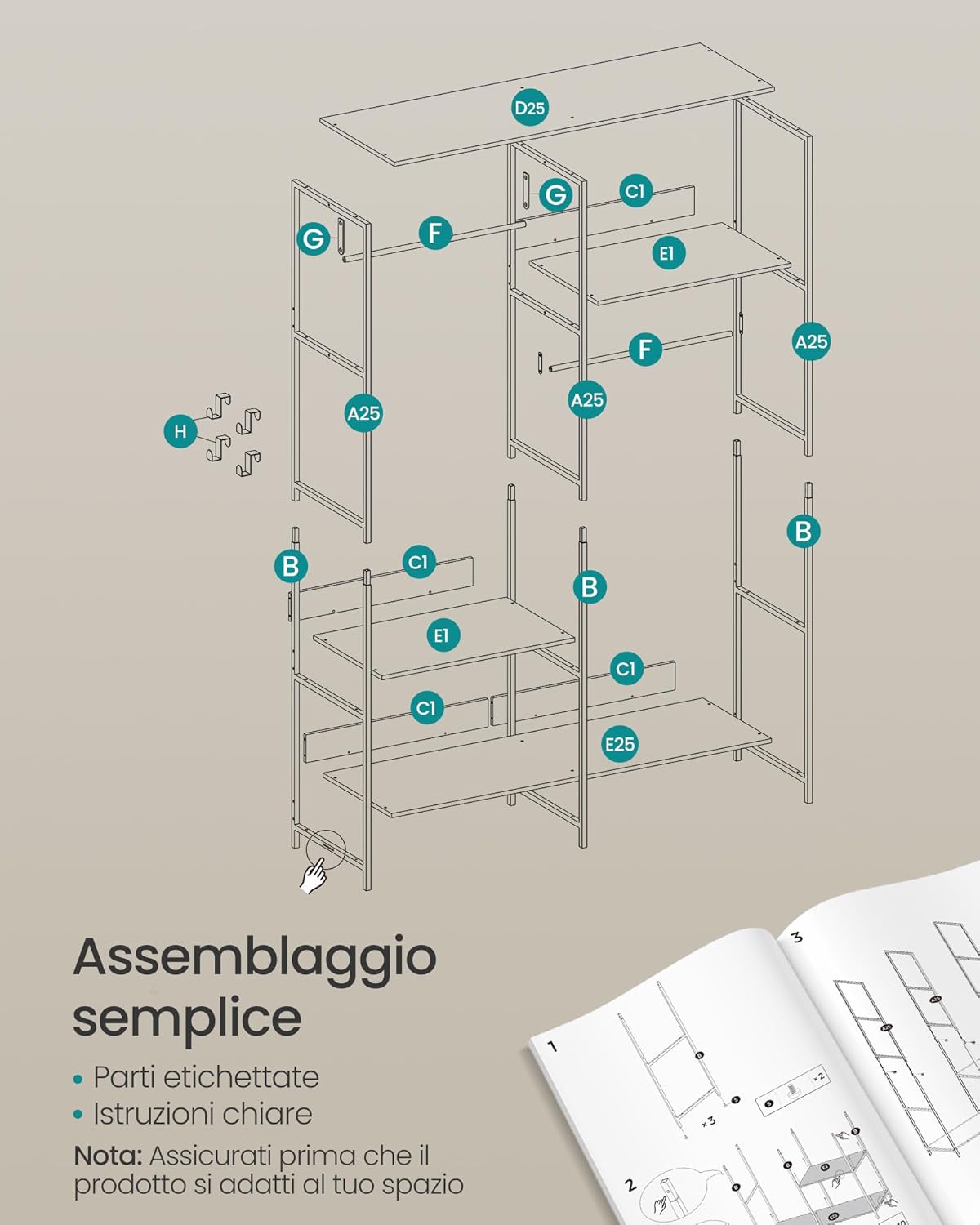 Thumbnail 5 de SONGMICS Guardaroba Stand Appendiabiti RGR025B01 – 118 x 40 x 181 cm, Marrone Vintage